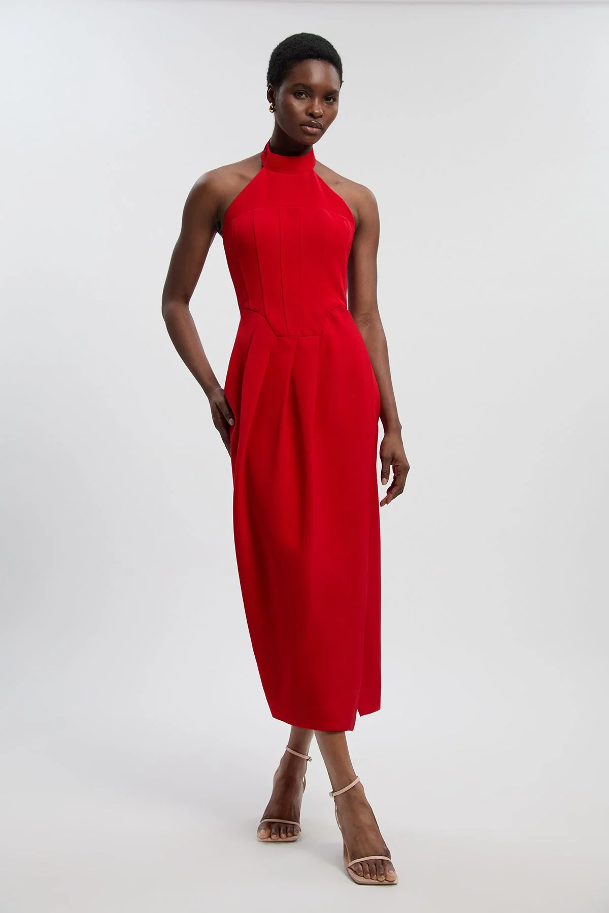 Karen Millen Petite Soft Tailored Halter Neck Midi Dress in Red