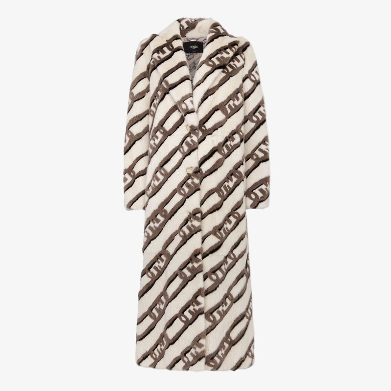 Long double-breasted coat with lapels. Button fastening. Made of pearl white mink with contrasting-c 1