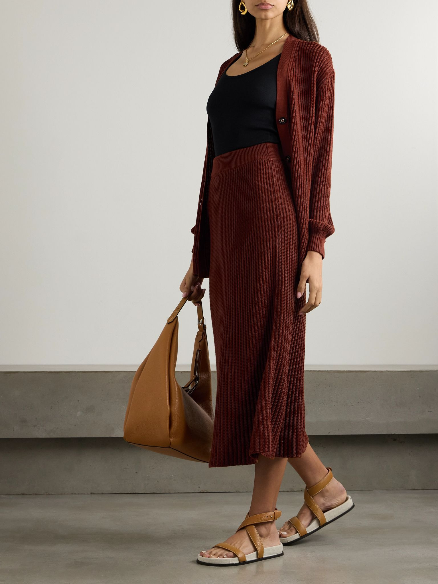 Ikeda ribbed silk and cotton-blend midi skirt Red - 2