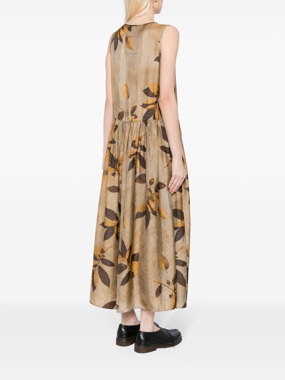 leaf-print gathered-waist midi dress - 4