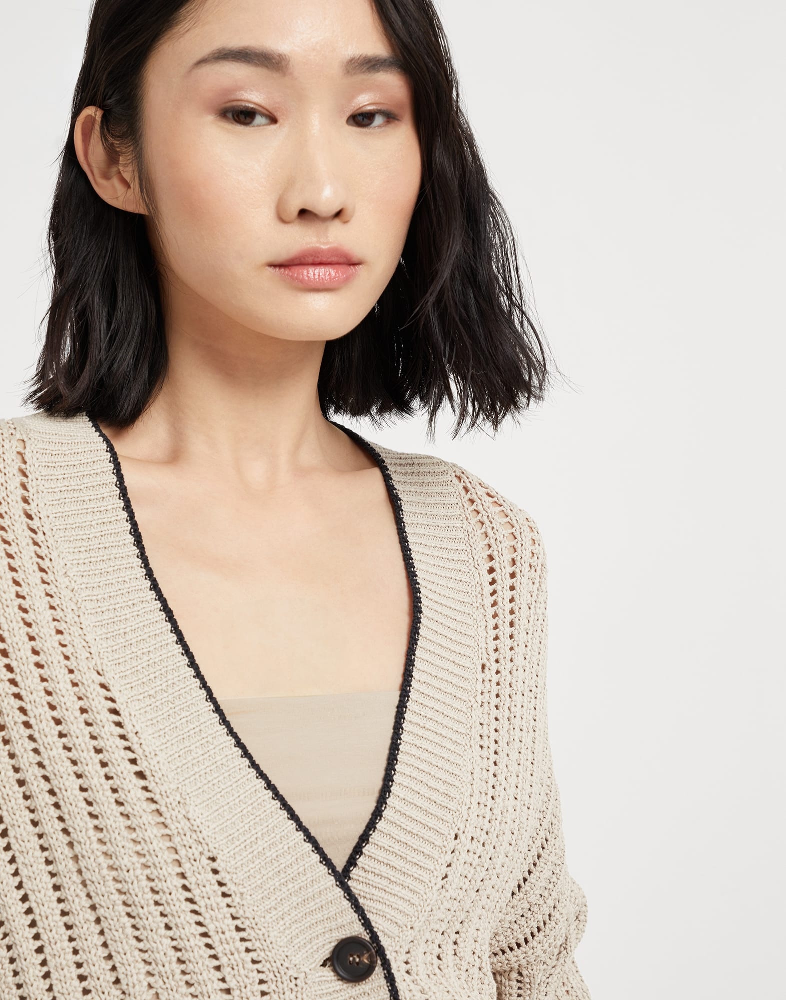 Cotton openwork rib cardigan with monili - 3