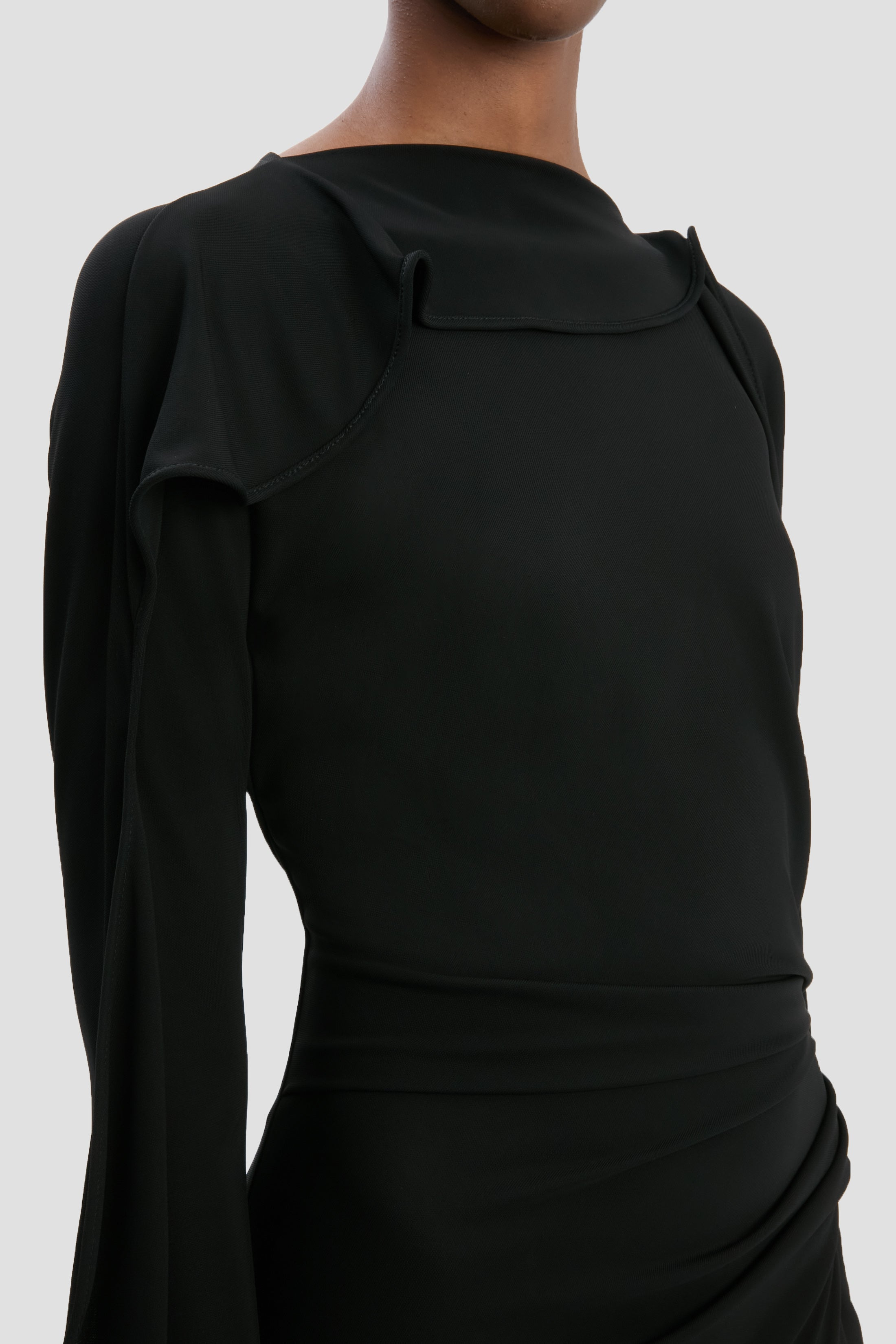 Long Sleeve Draped Jersey Midi Dress In Black - 4