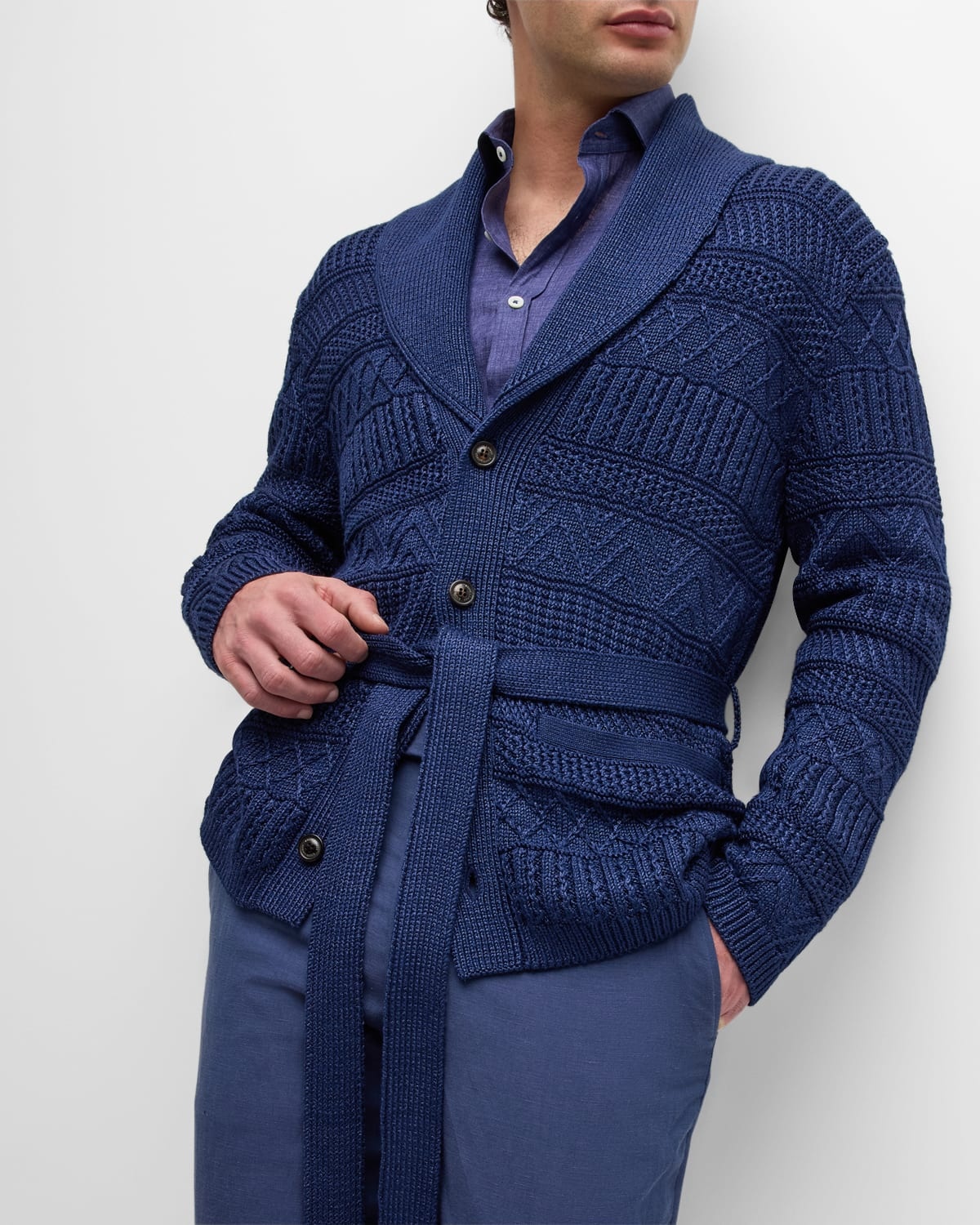 Men's Textured Knit Belted Cardigan - 6