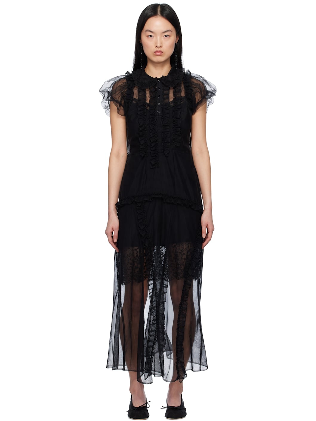 Black Ruffle Frill Multi-Seam Maxi Dress - 1