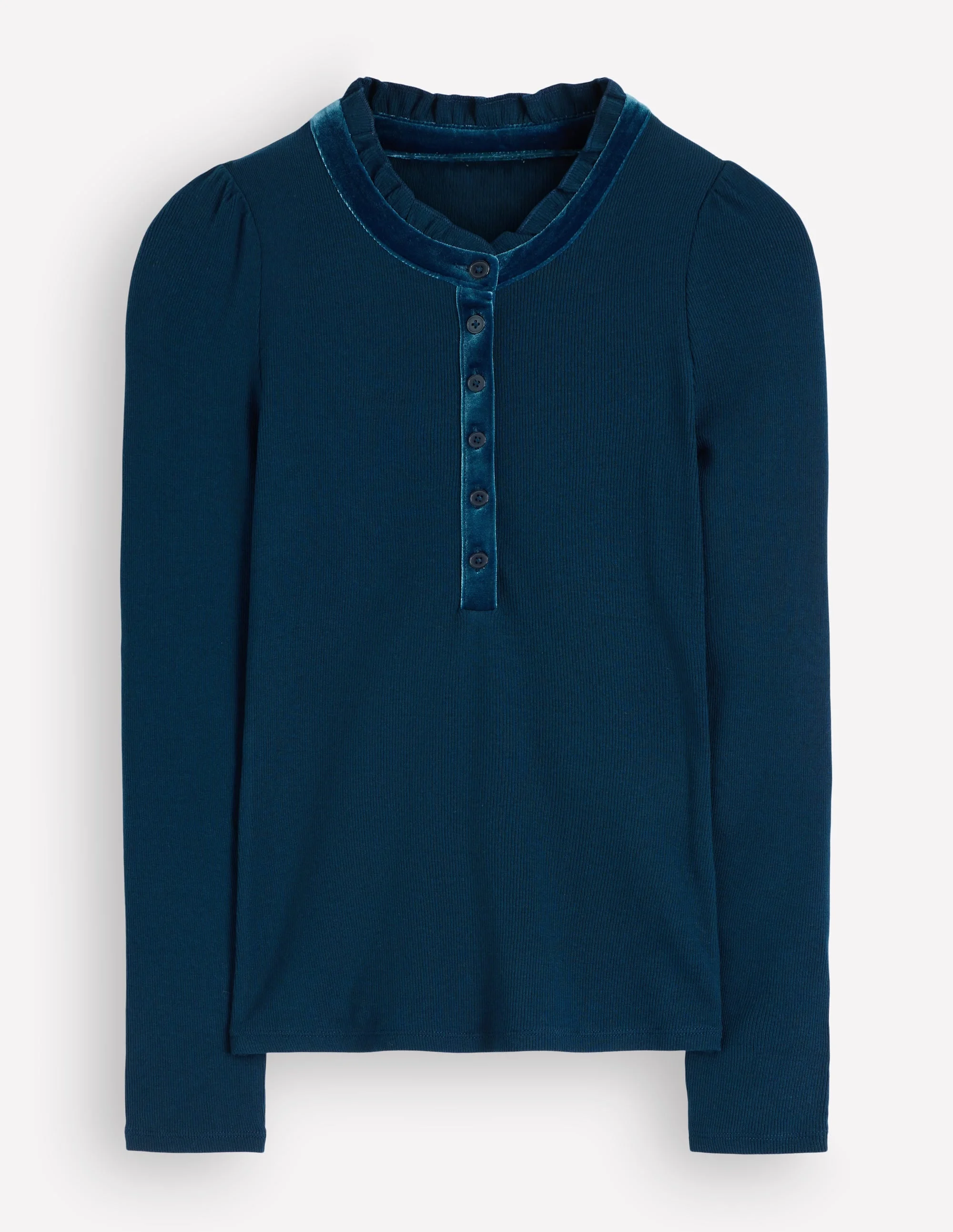 Velvet Ruffle Trim Henley Top-Sailor Blue - 1