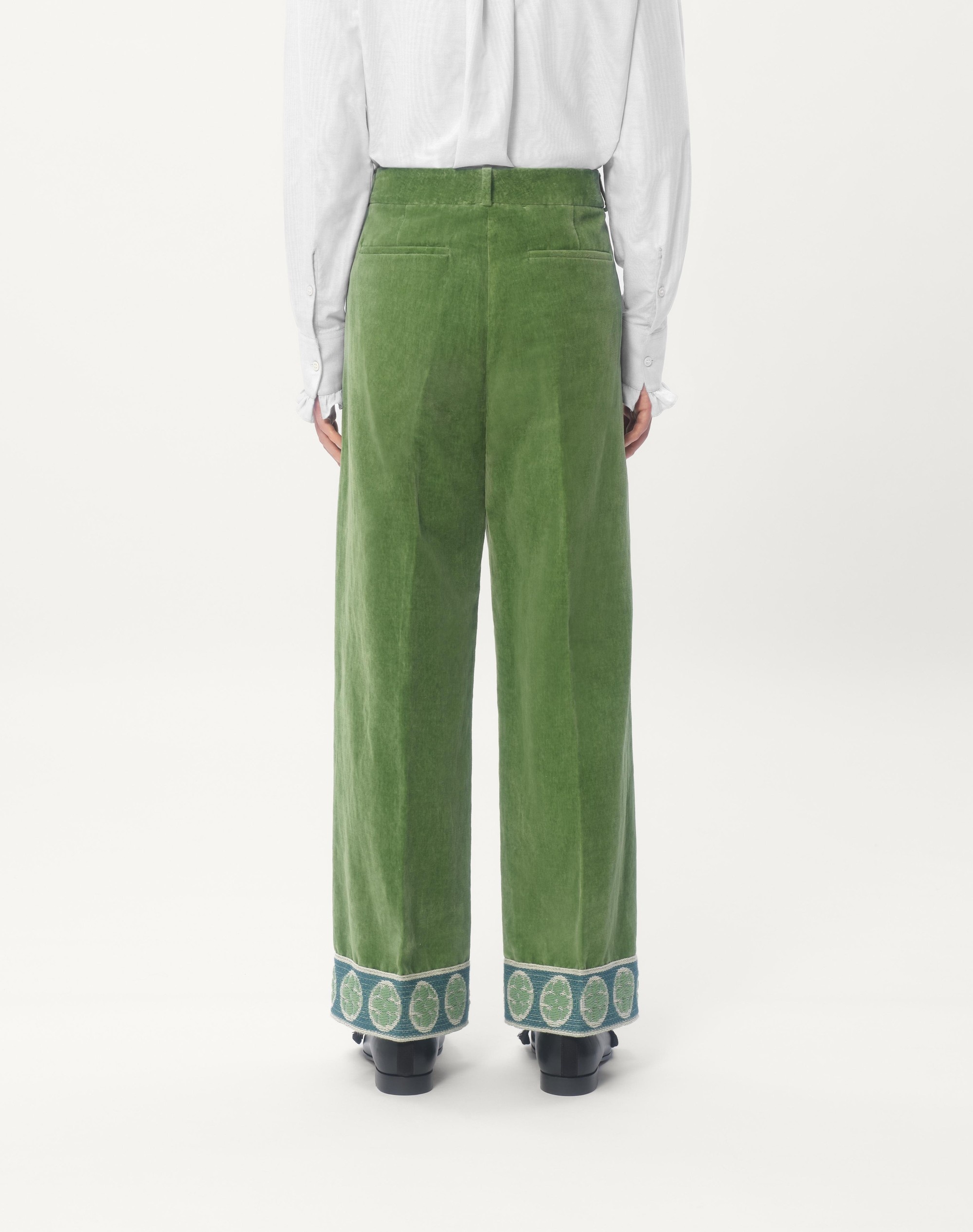 WASHED COTTON-LINEN VELVET PANTS WITH JACQUARD HEMS - 7