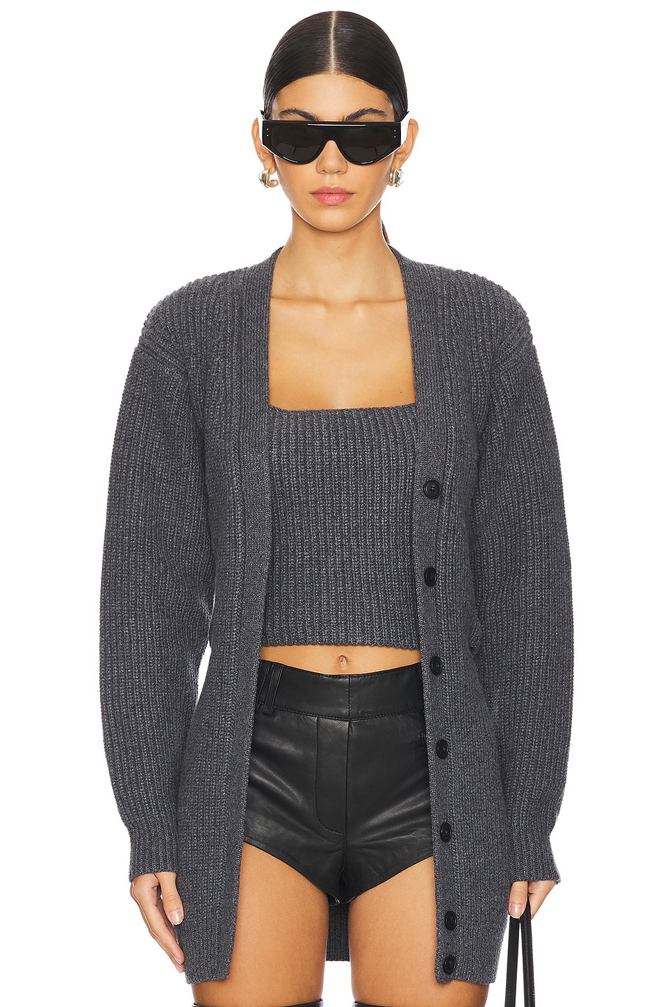 Ribbed Bilayer V-neck Cardigan With Cami Twinset - 1