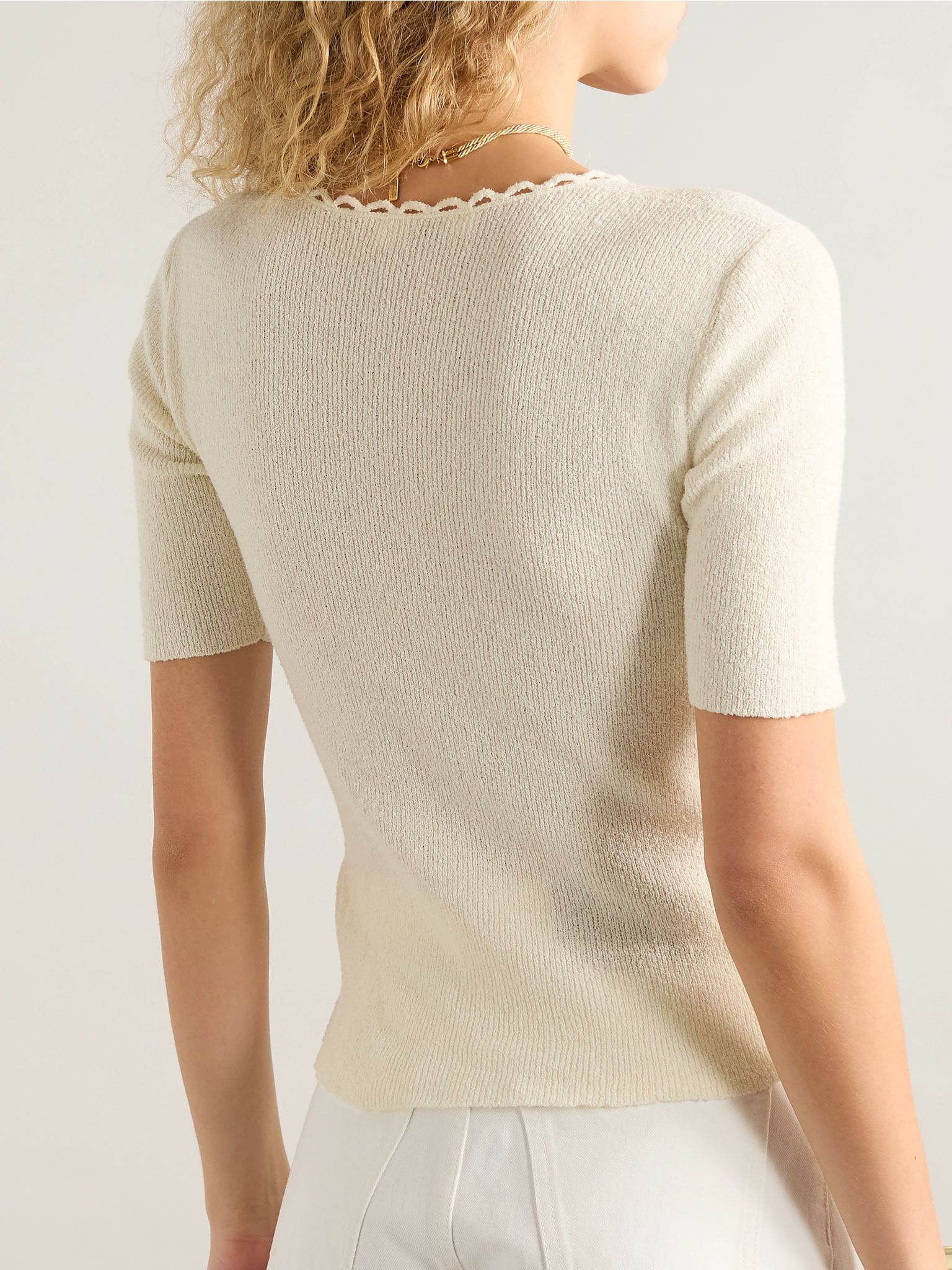 Picot-trimmed ribbed cotton-blend bouclé T-shirt Cream - 3