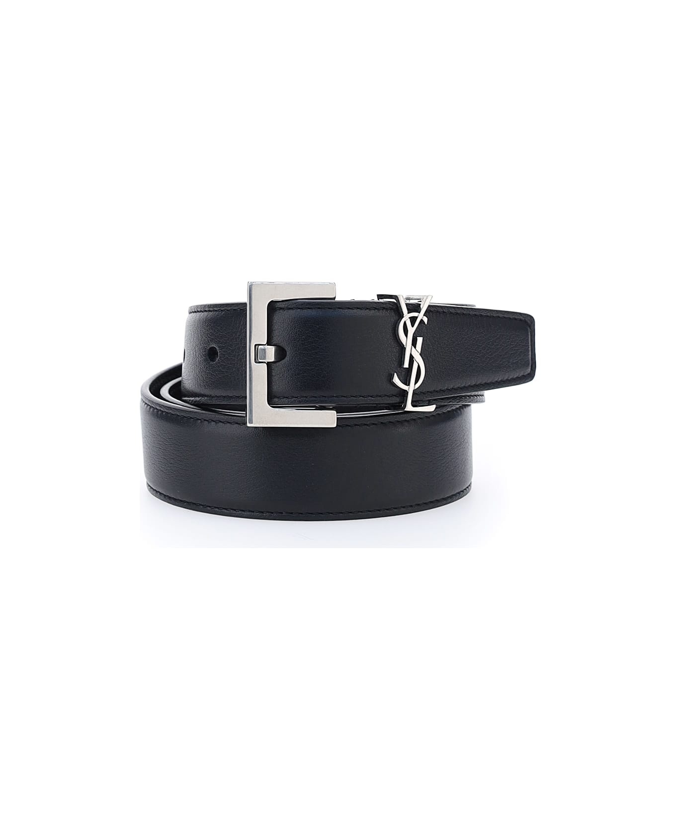 Black Leather Belt With Silver Logo - 1