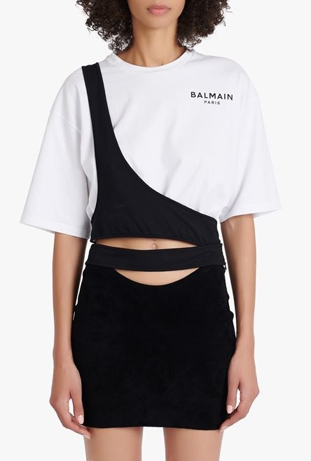 Destructured cropped white eco-designed cotton T-shirt with black Balmain logo - 5