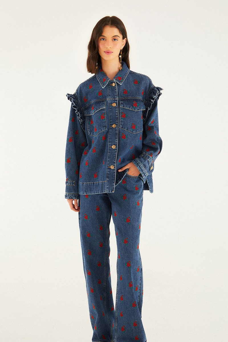 Denim Embroidered Flowers Pants 3