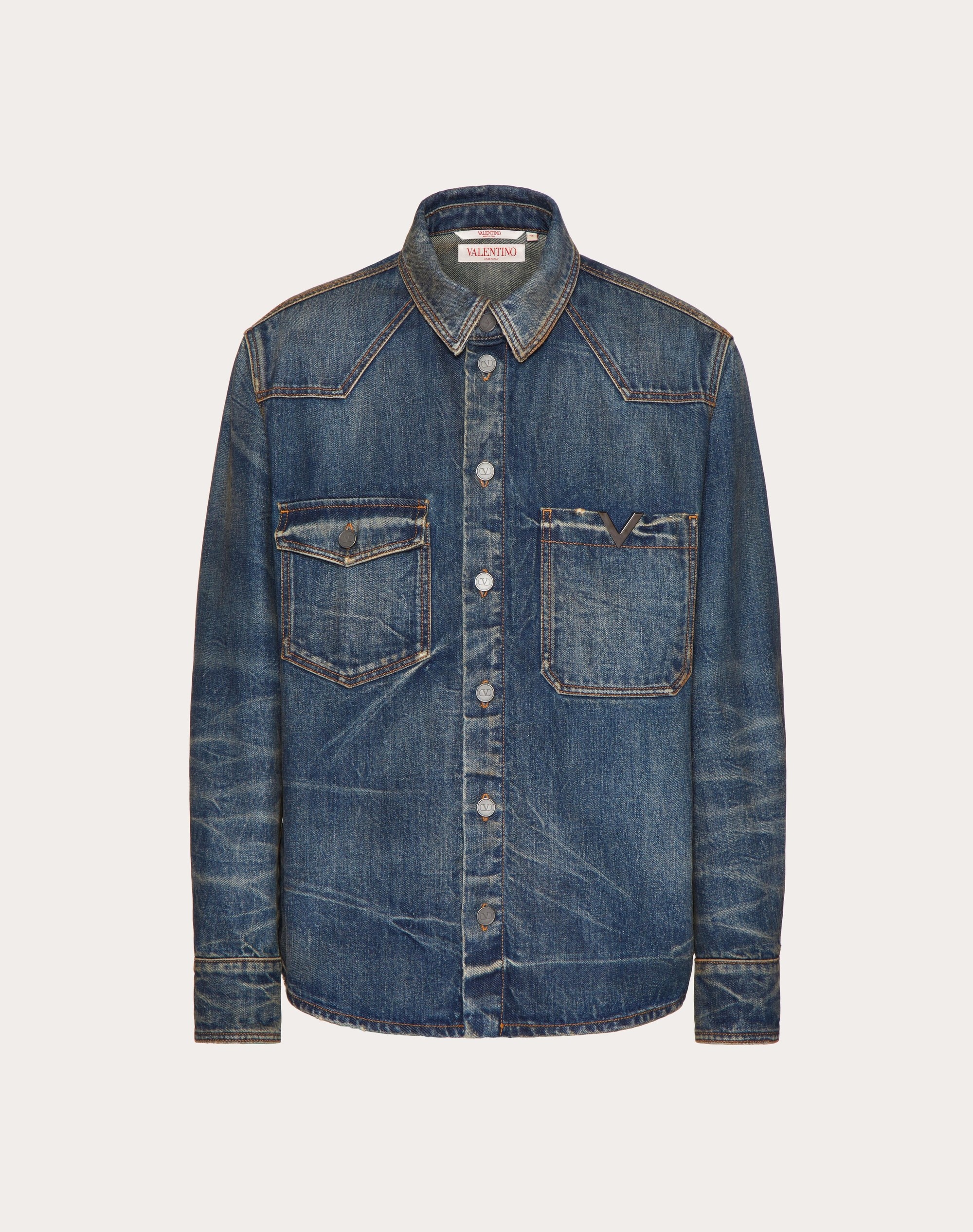 DENIM SHIRT WITH METALLIC V DETAIL - 1