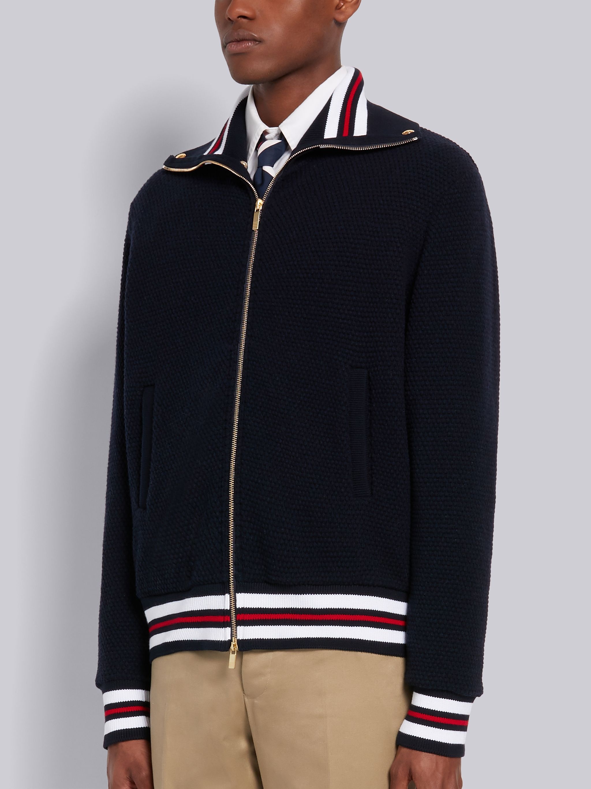 Navy Wool Pique Relaxed Fit Funnel Neck Zip-up Jacket - 2