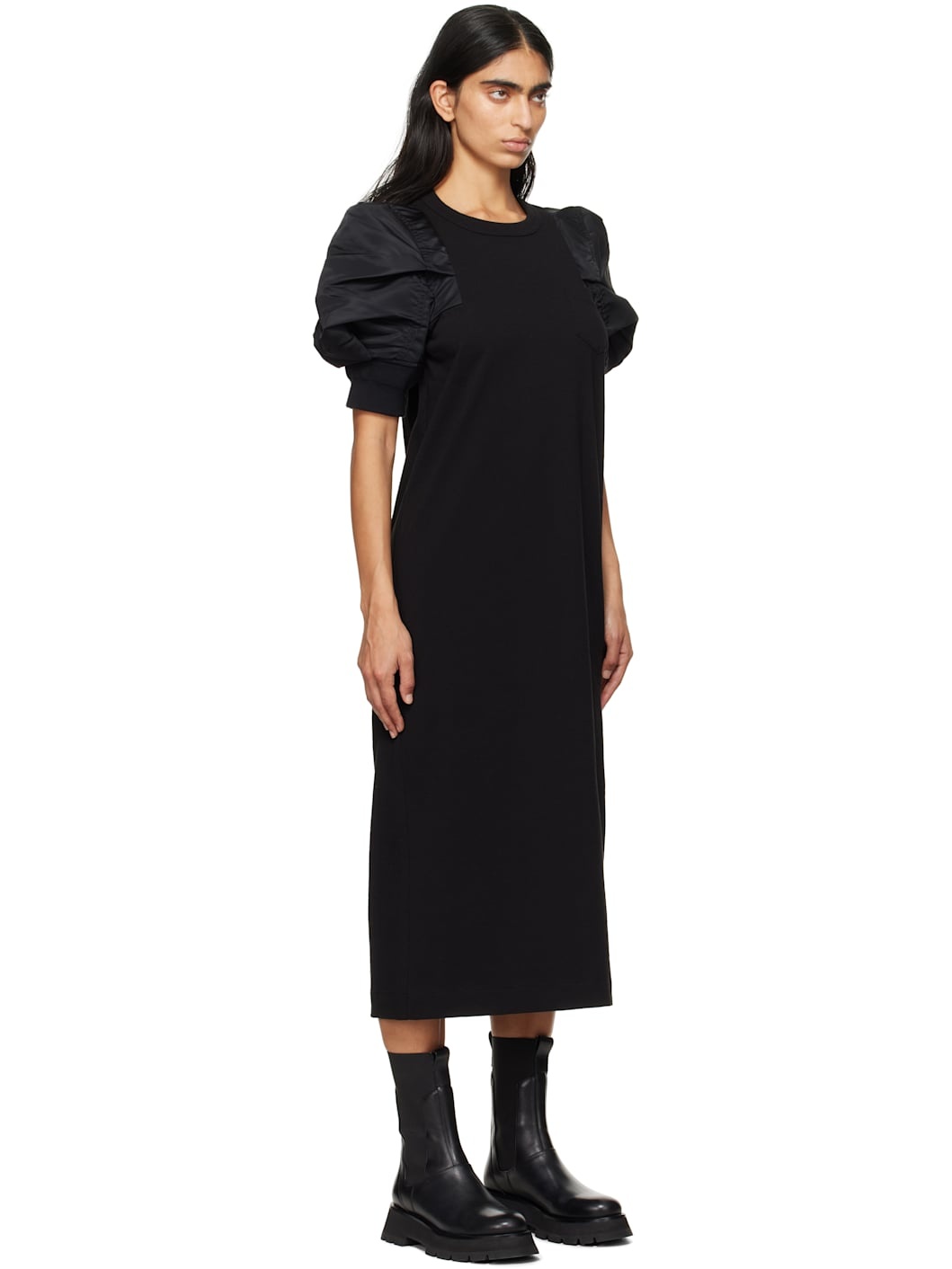 Black Nylon Twill & Cotton Jersey Maxi Dress - 2