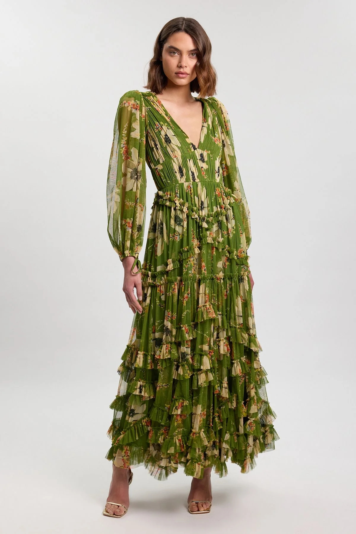 Tulle Layered Marble Print Long Sleeve Maxi Dress - 1