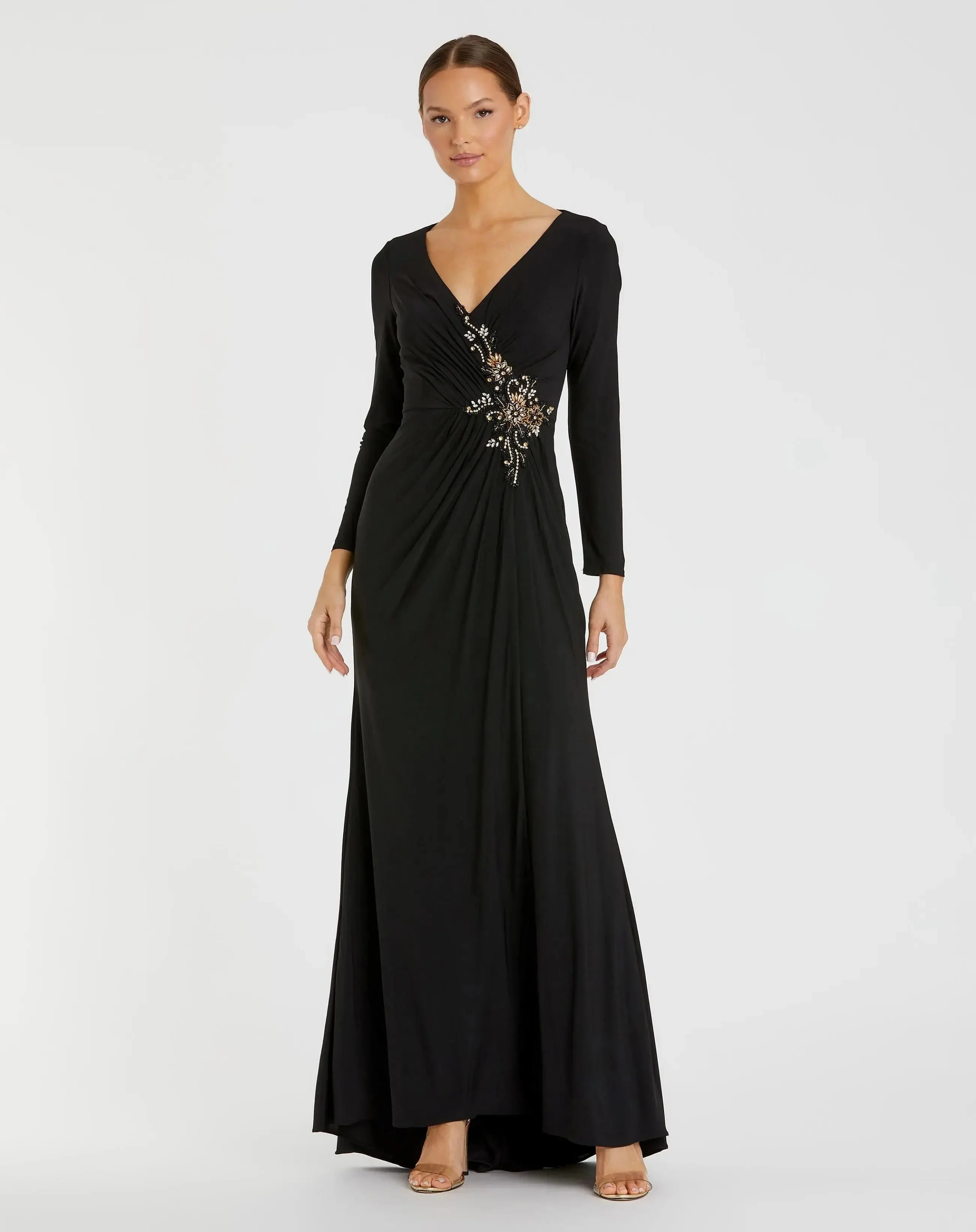 Black Faux Wrap Long Sleeve Evening Gown with Appliqué Detail - 1