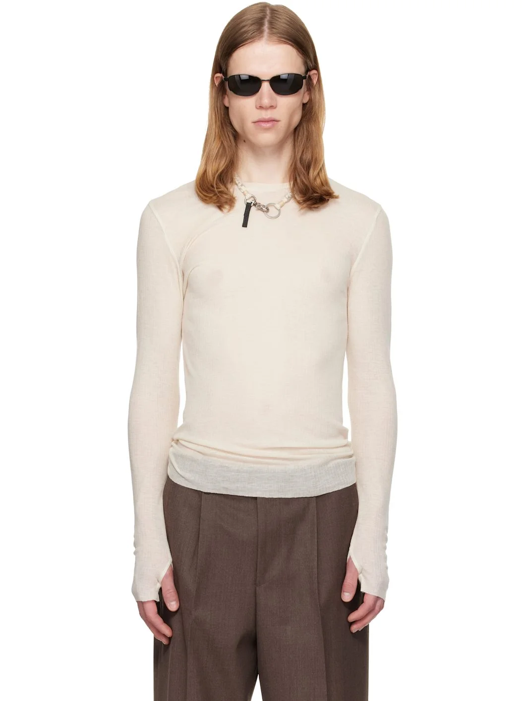 Off-White Sheer Wool Ribbed Knit Sweater - 1