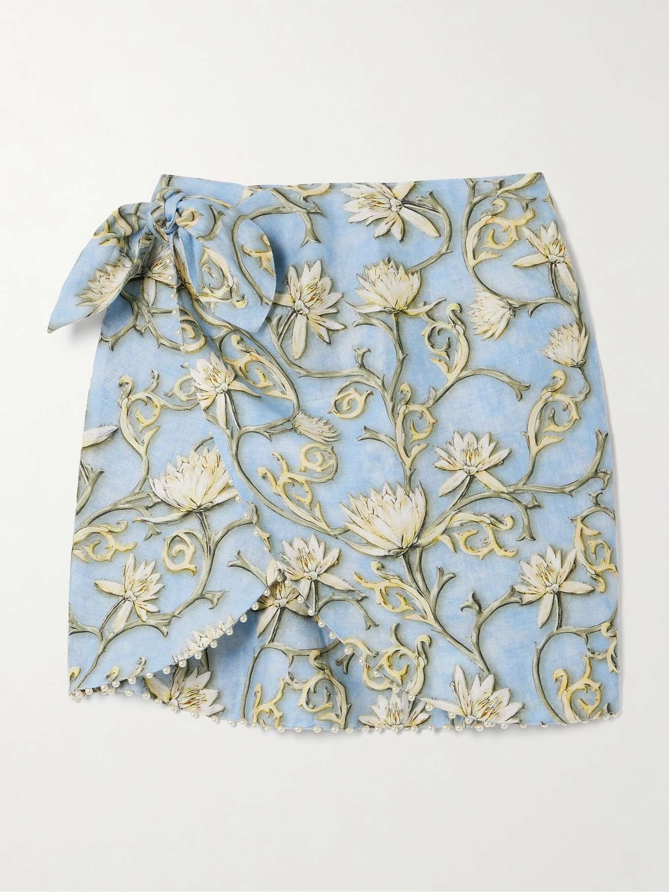 Agustina Soledad faux pearl-embellished floral-print linen pareo Blue - 1