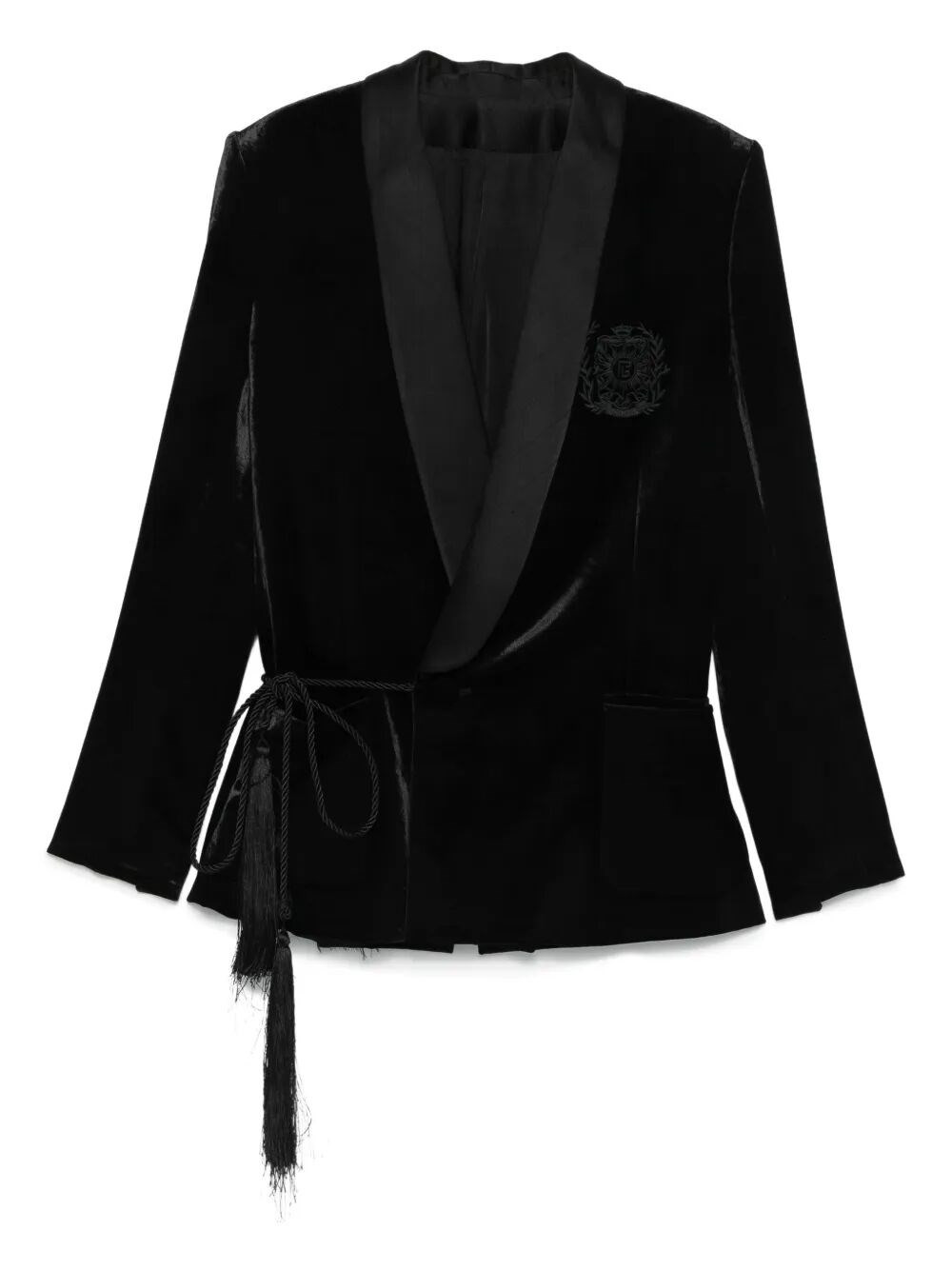 Introducing the 'VELVET & SATIN SIDE BELTED JACKET WITH TASSEL' from the iconic brand BALMAIN, a sta - 1