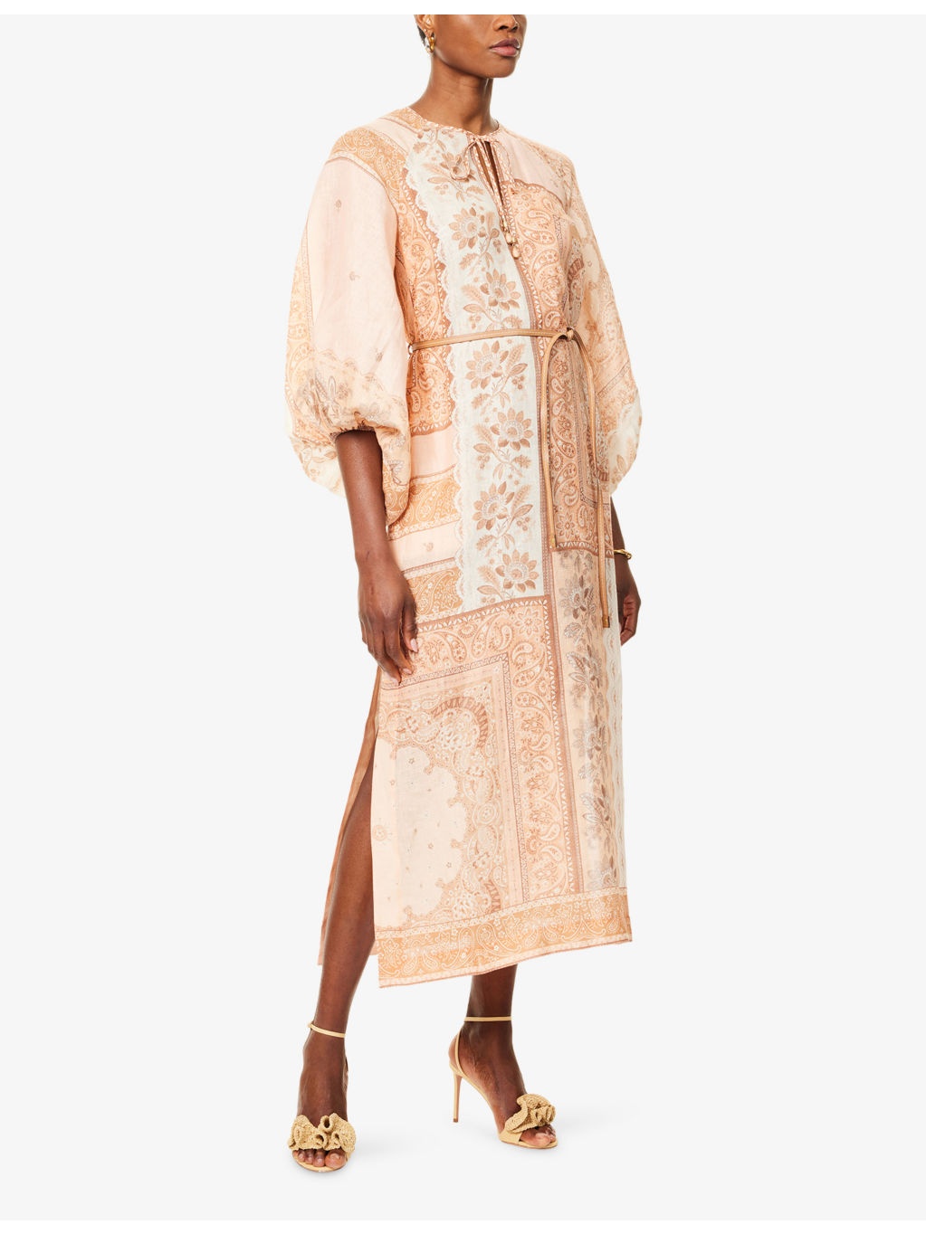 Lucky Balloon-Sleeves Linen Midi Dress - 3