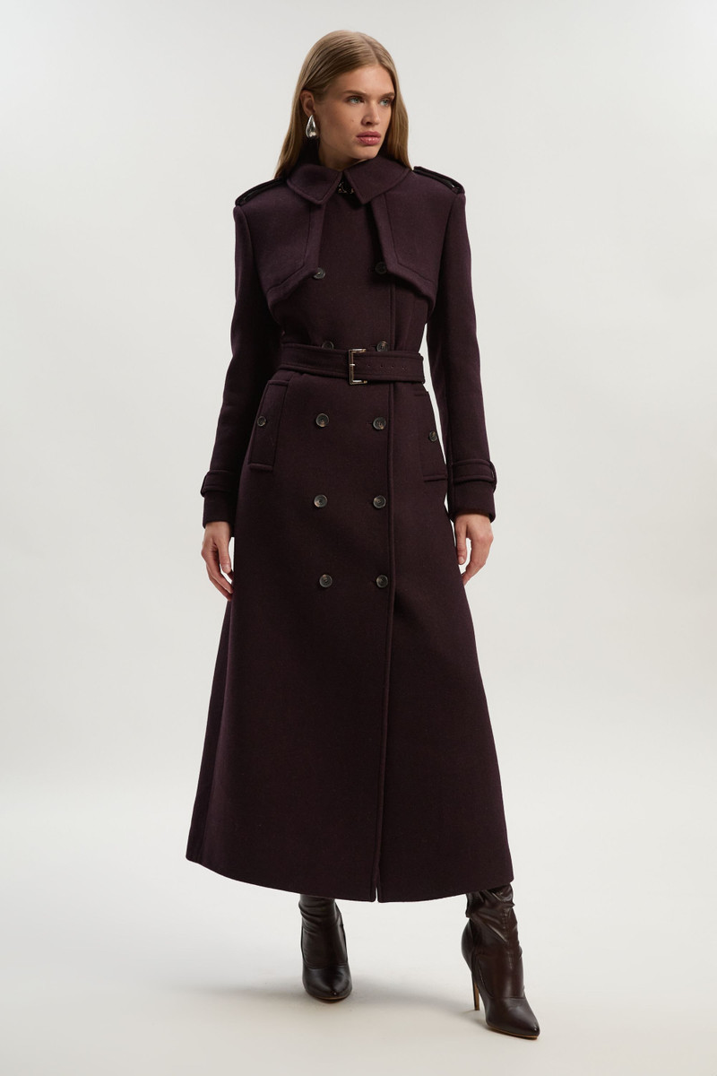 Wool Pu Mix Tailored Belted Trench Maxi Coat - 1