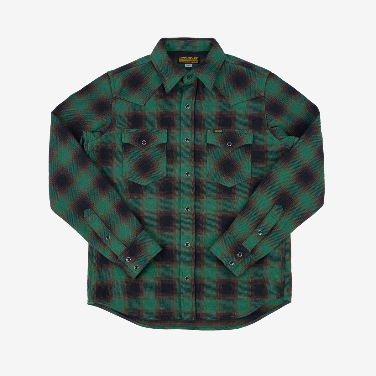 IHSH-373-GRN Ultra Heavy Flannel Ombré Check Western Shirt - Green - 1