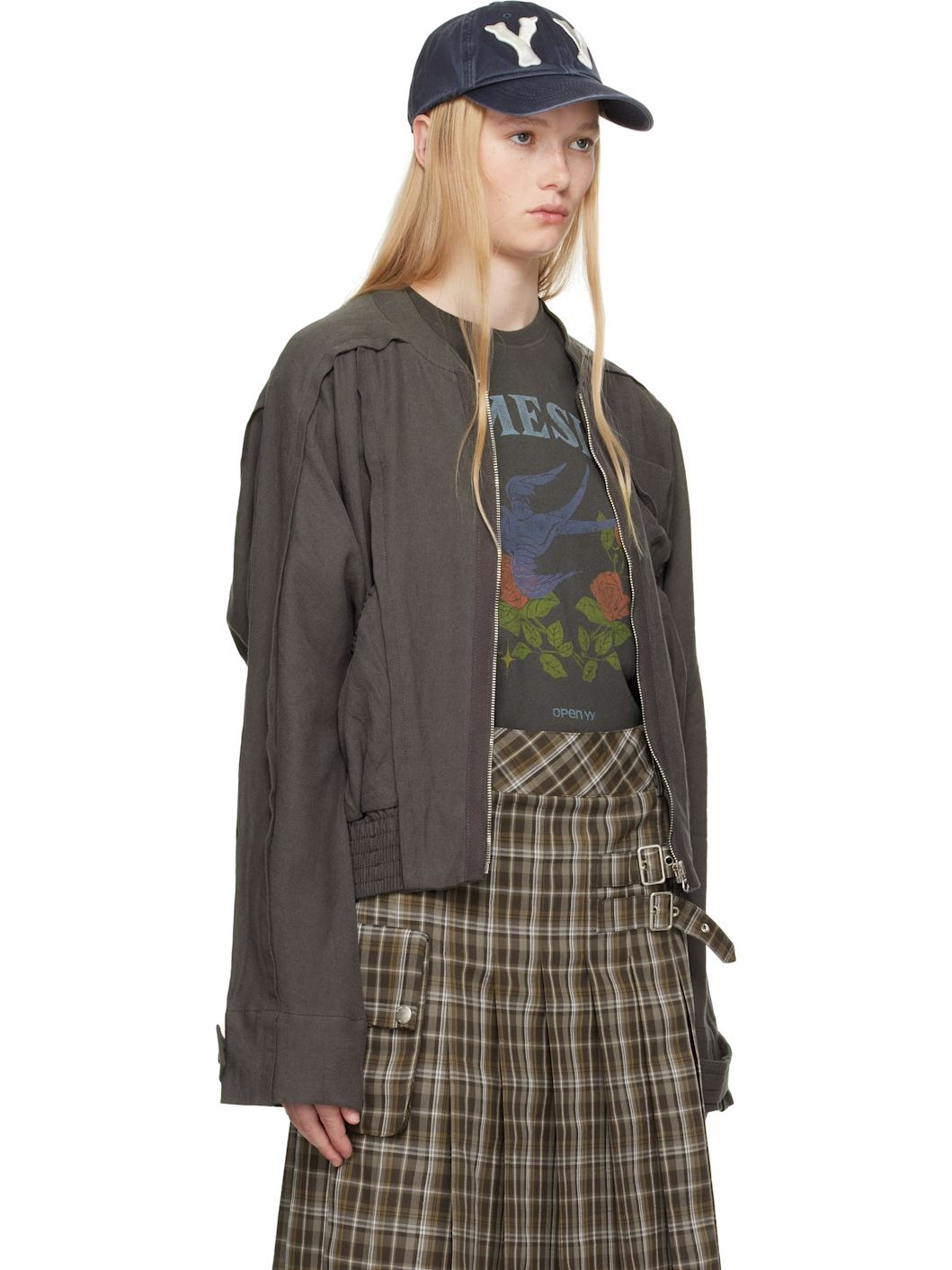 [Open YY] LINEN PANELED BOMBER ★大人気★ OPEN YY Gray Linen Paneled Bomber Jacket | REVERSIBLE