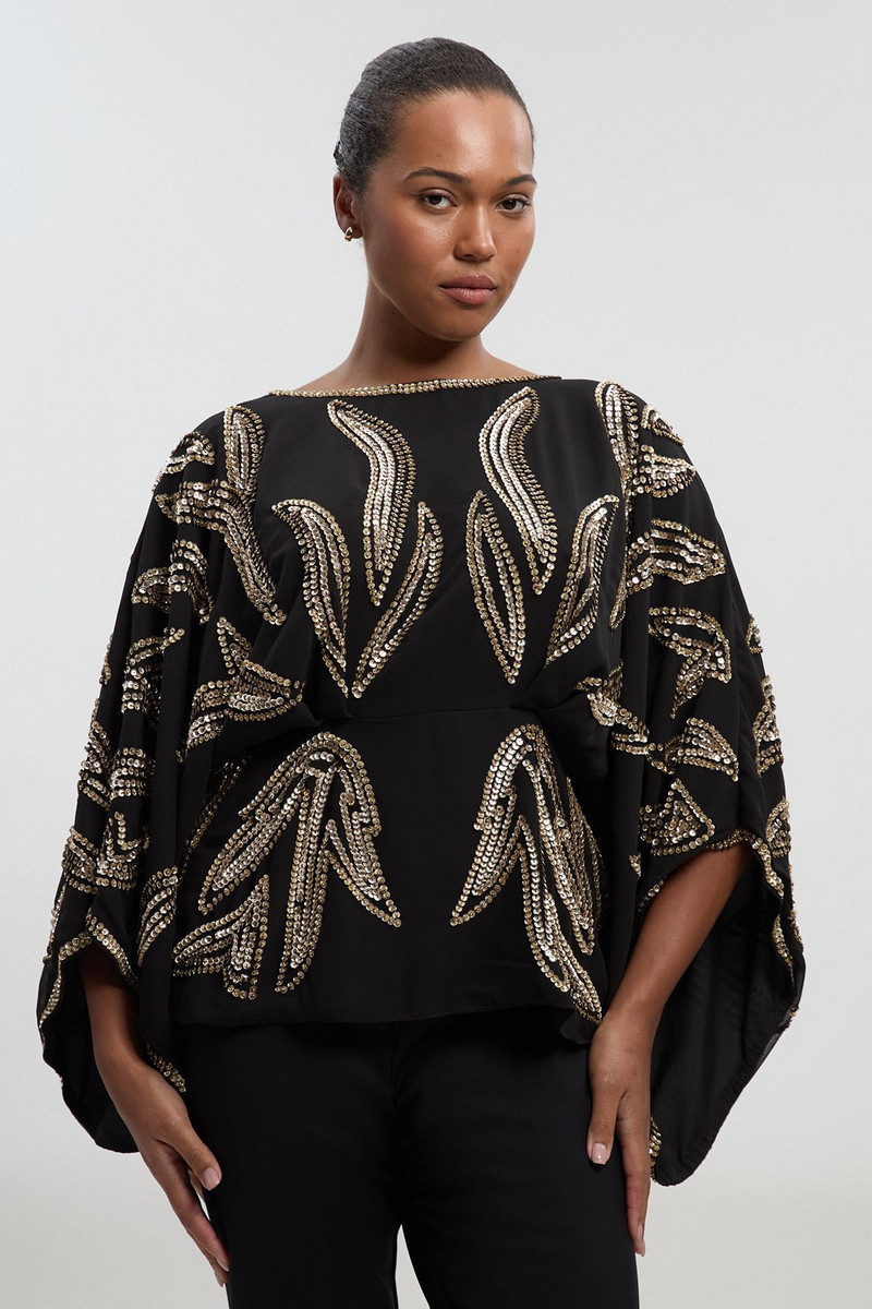 Plus Size Kimono Sleeve Embellished Woven Blouse 1