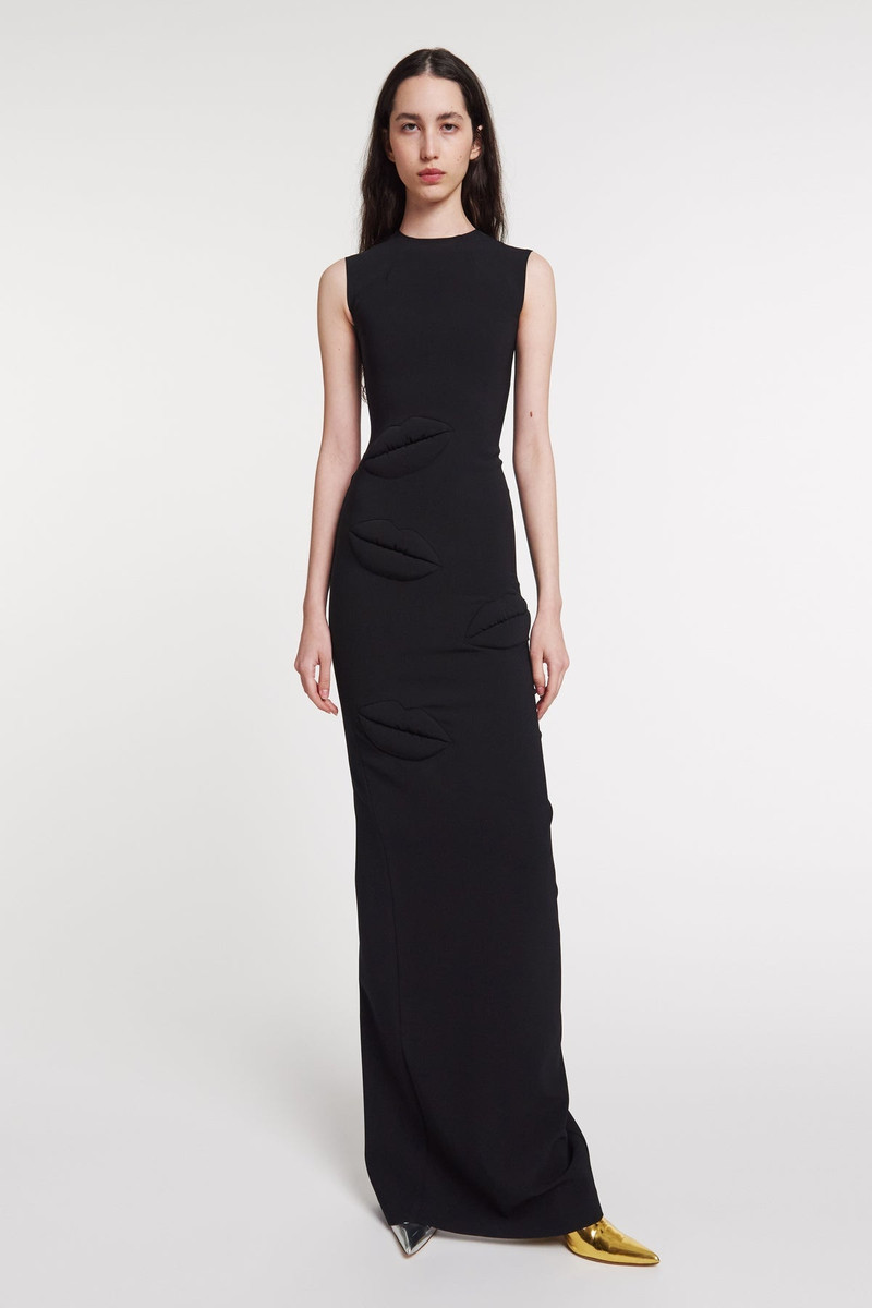 FITTED MAXI DRESS WITH MULTI LIP APPLIQUÉ BLACK 1