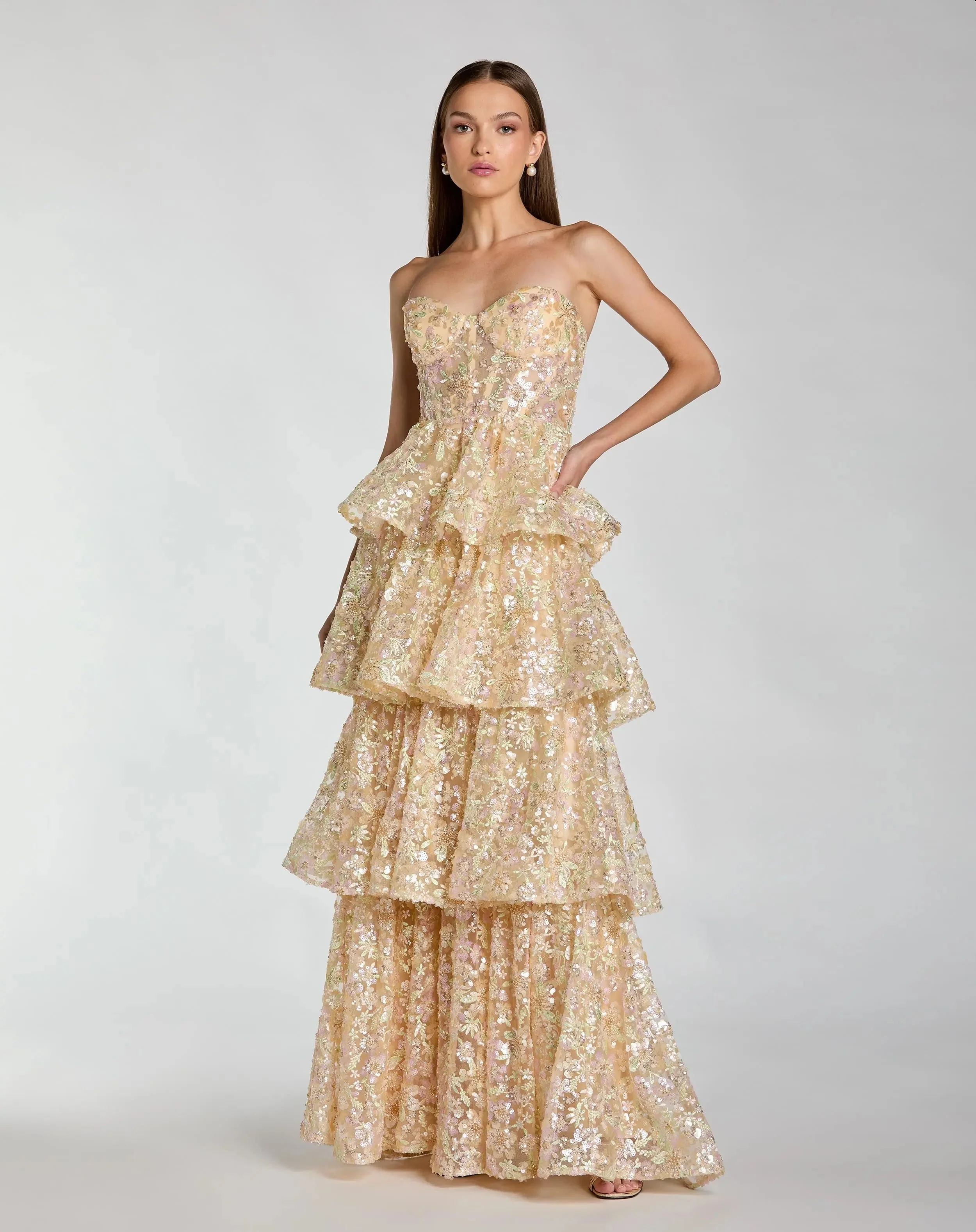 Nude Multi Embellished Strapless Sweetheart Ruffle Gown - 1