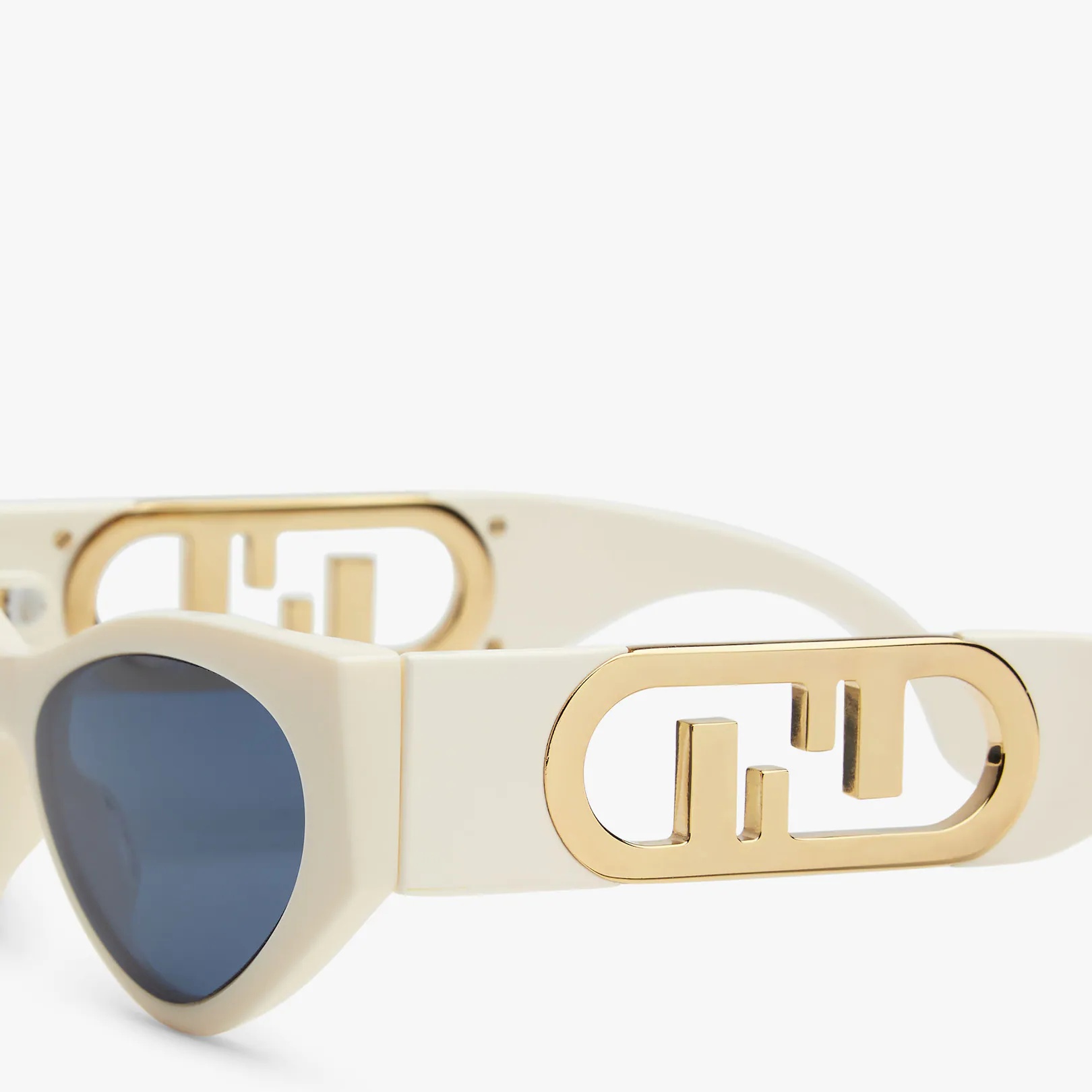 Cat-eye, white acetate O’Lock glasses. Temples with gold metal oversized O’Lock logo and blue lenses - 3