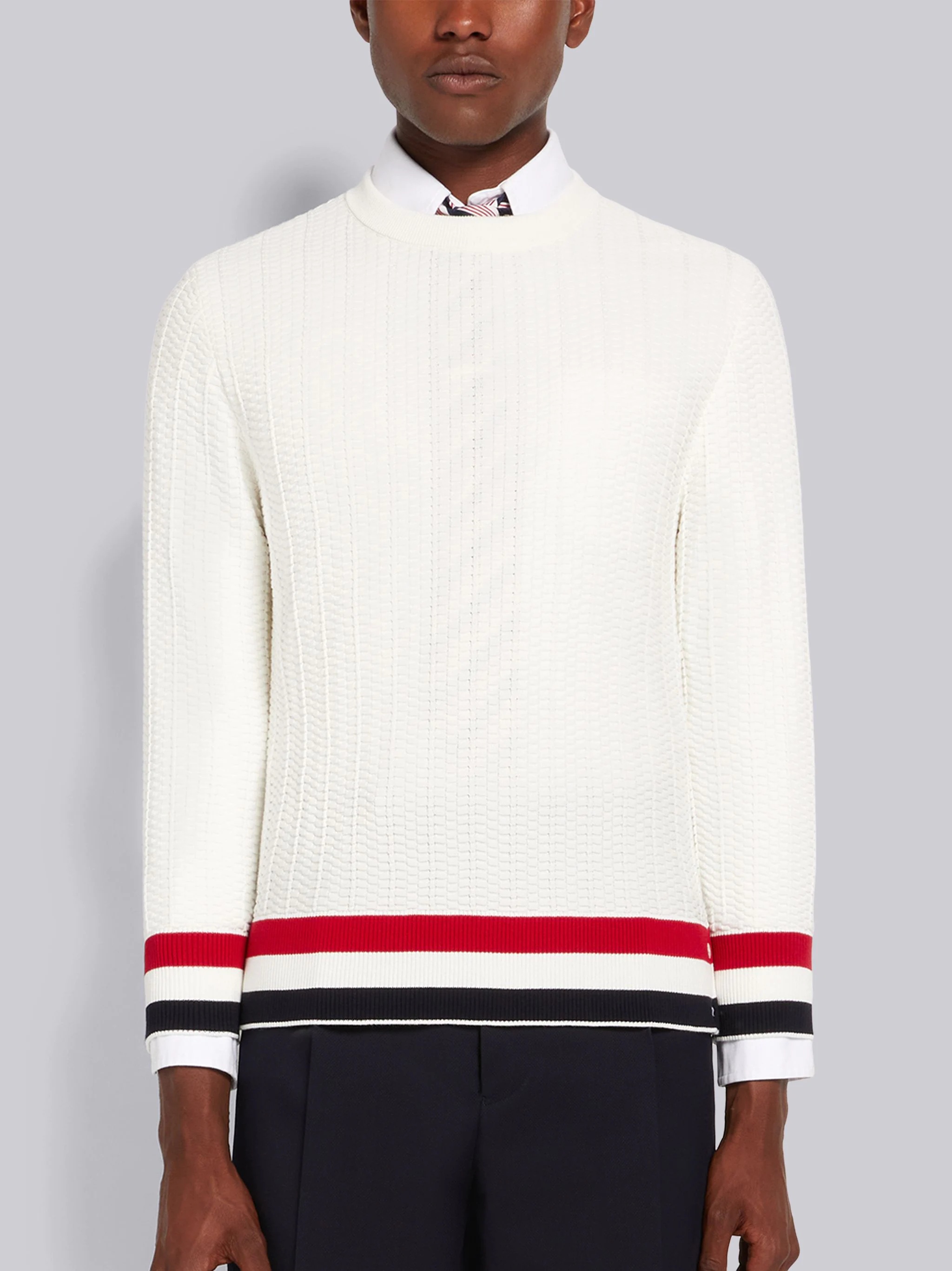 White Textured Cotton Stripe Rib Crew Neck Pullover - 1