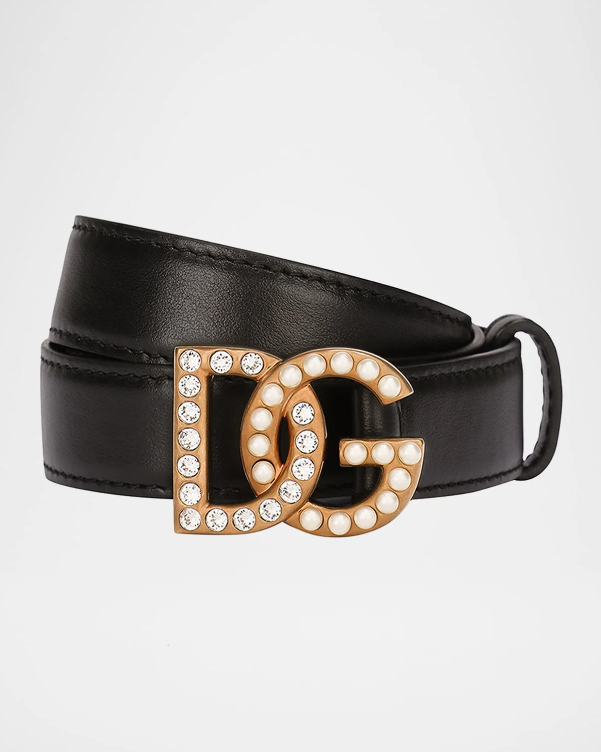 Embellished Pearly Interlocking DG Leather Belt - 1