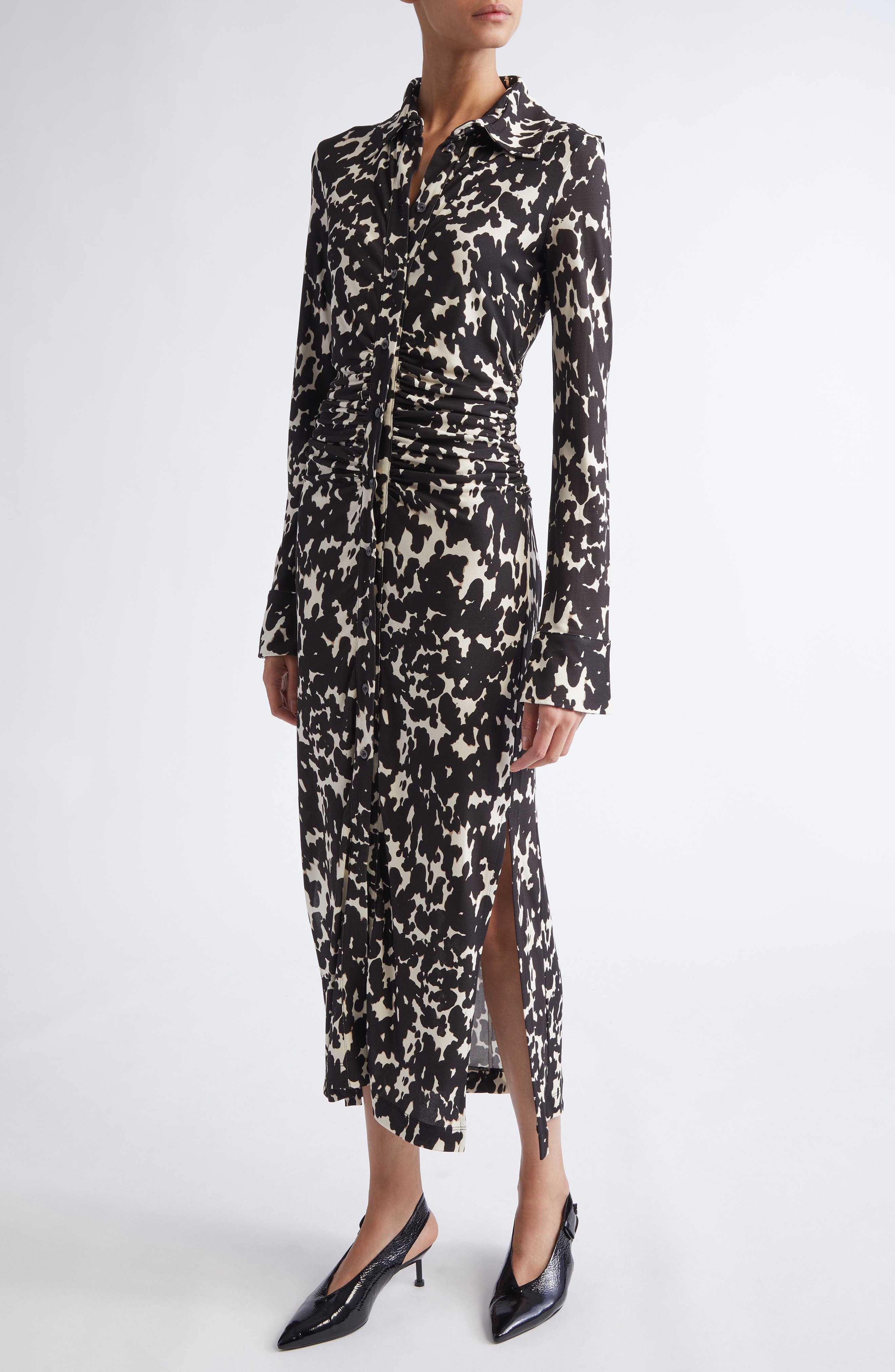 Altuzarra Claudia Print Ruched Long Sleeve Jersey Shirtdress in Tapioca Tortoise at Nordstrom - 4