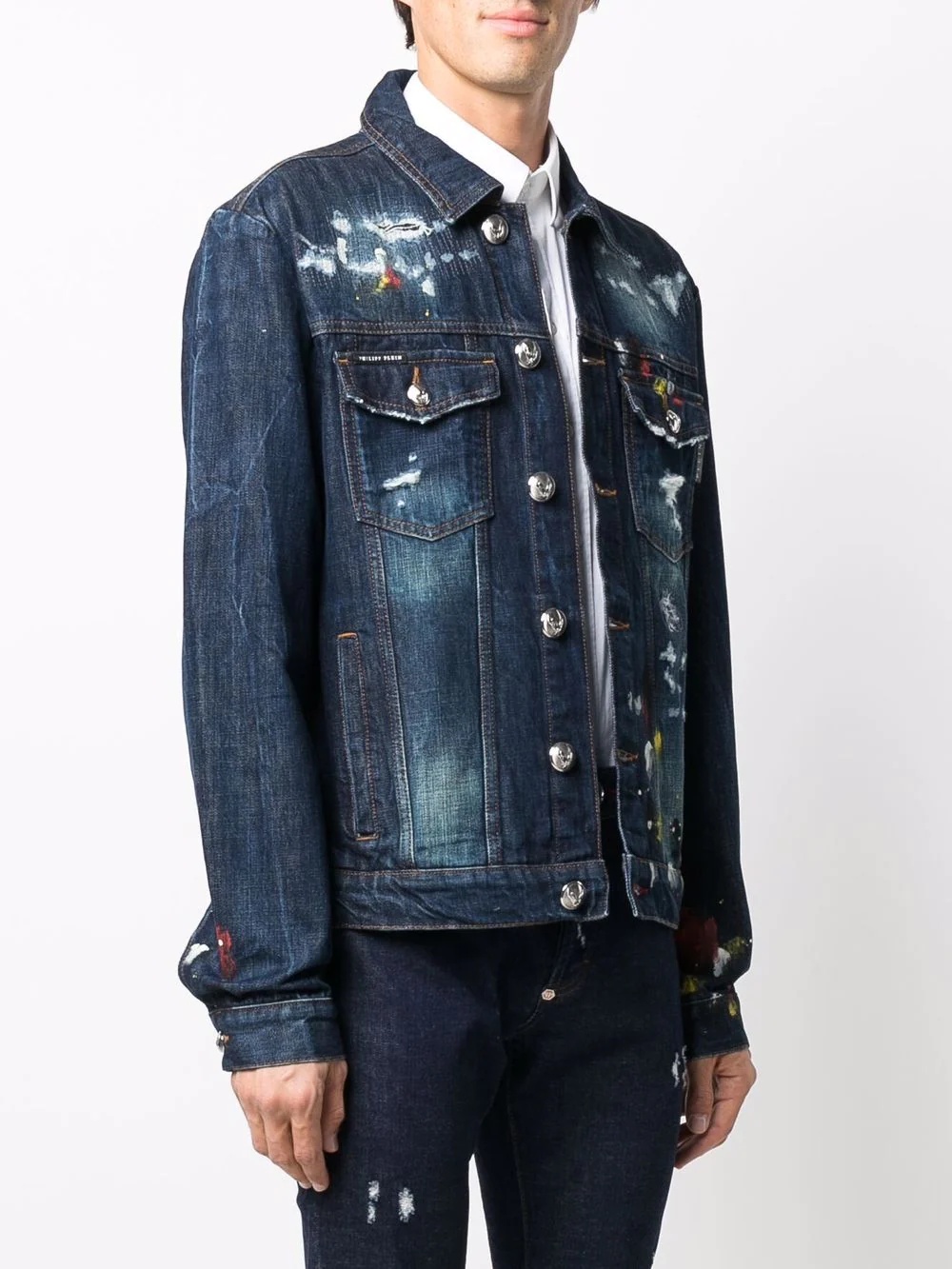 skeleton-motif distressed denim jacket - 4