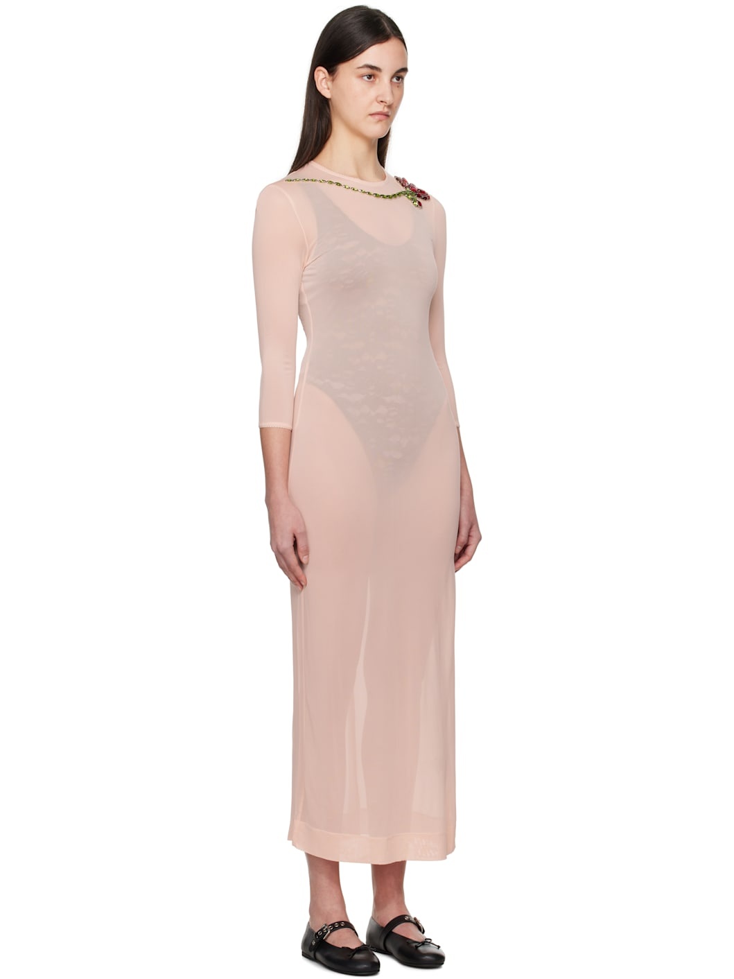 Pink Fitted Ballet Mesh Column Maxi Dress - 2
