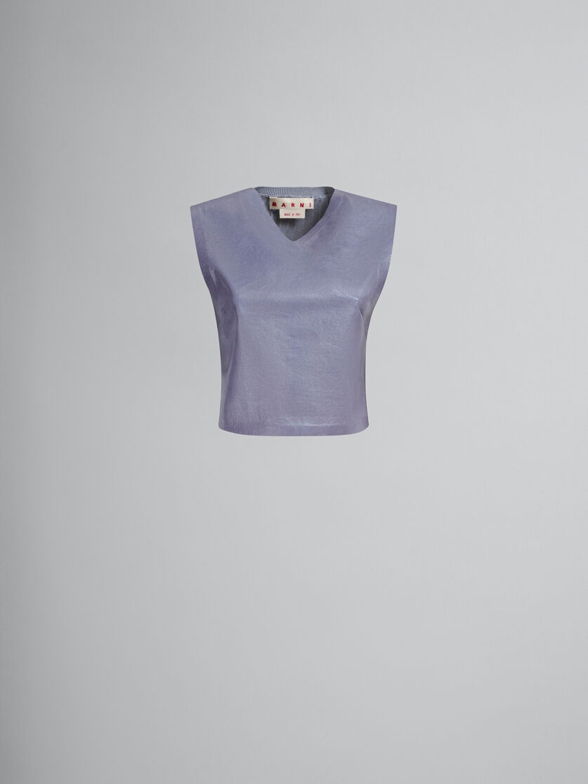 GREY LEATHER TOP WITH RIB-KNIT BACK - 1