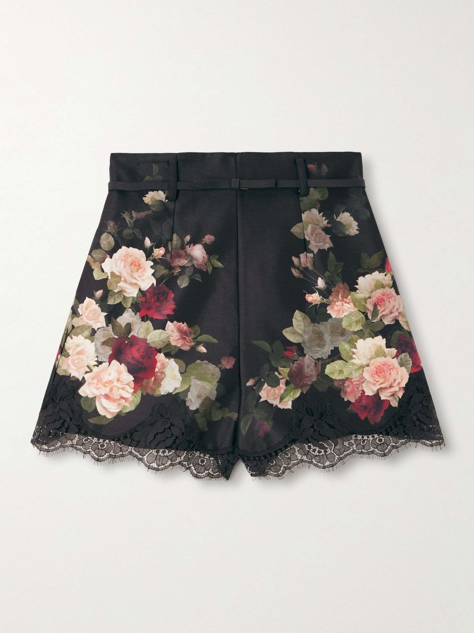 Belted lace-trimmed floral-print silk and cotton-blend twill shorts Black - 1