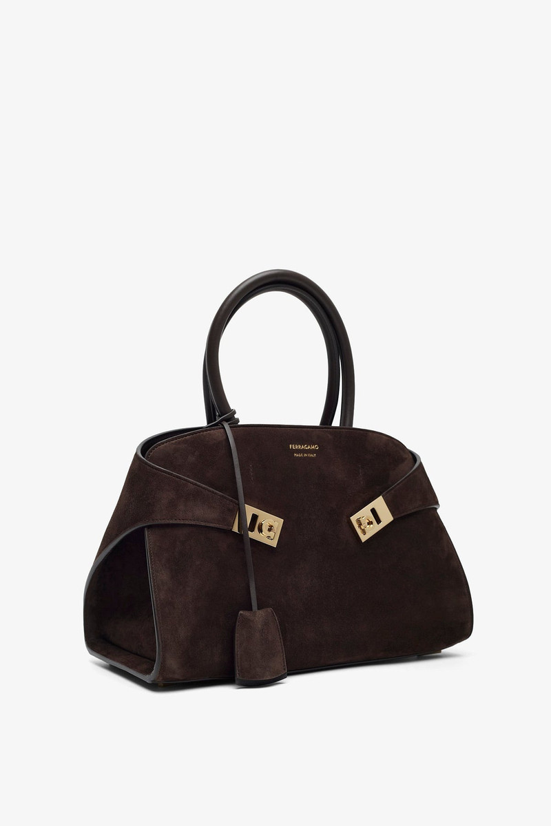 FERRAGAMO Hug small brown suede top handle bag outlook
