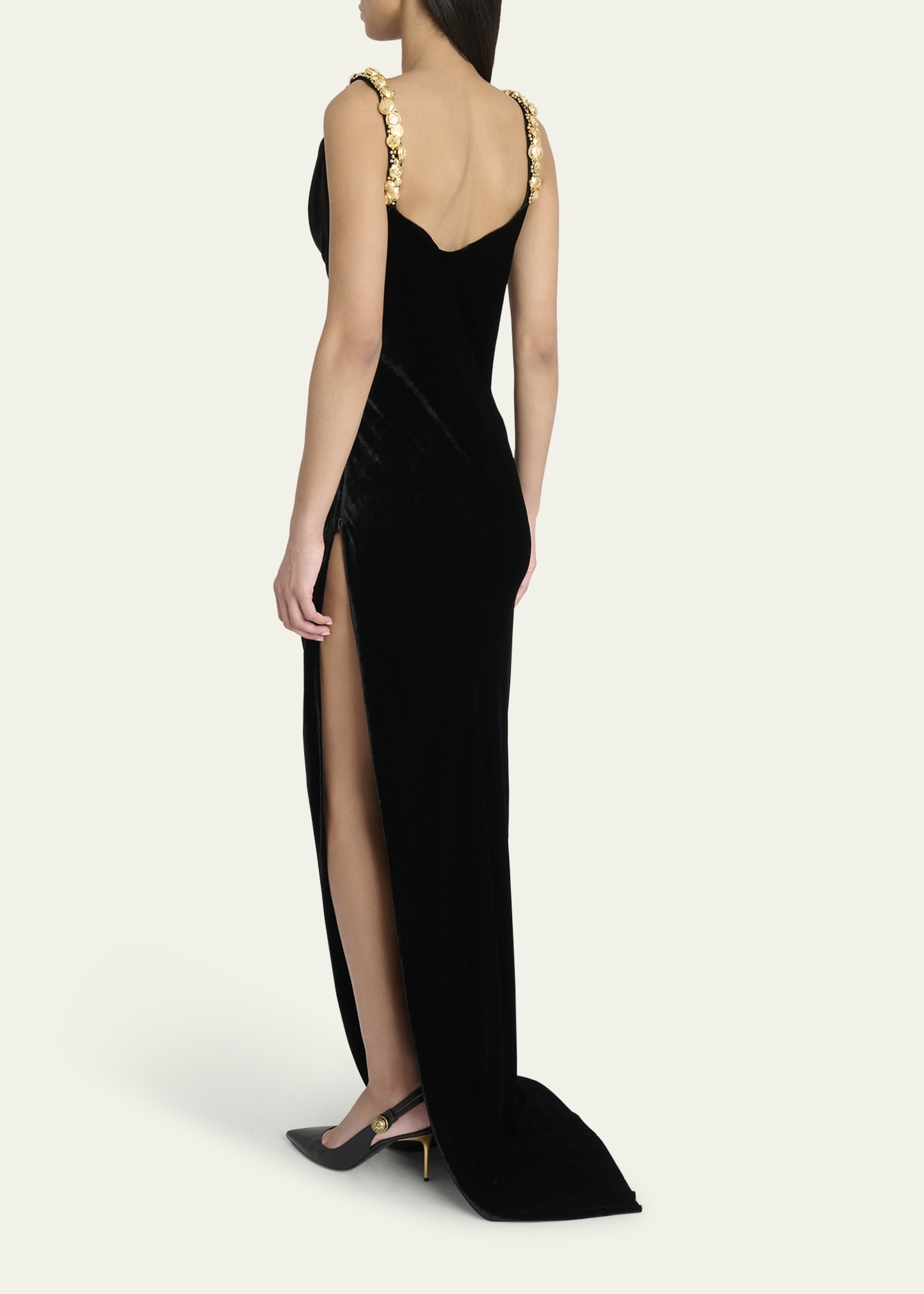 Button Cowl-Neck Velvet Slit Maxi Dress - 3