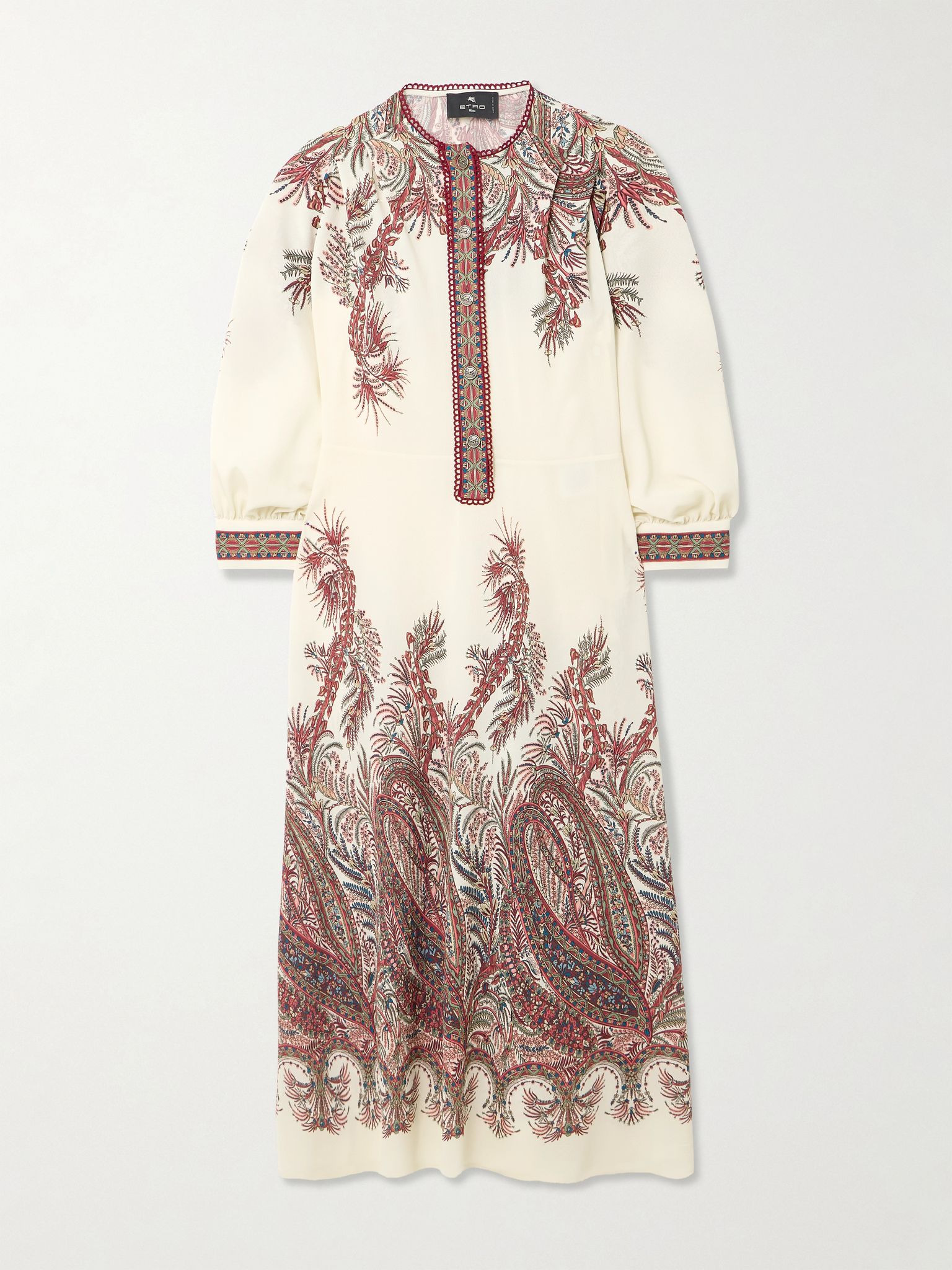 Picot-trimmed paisley-print crepe midi shirt dress Cream - 1
