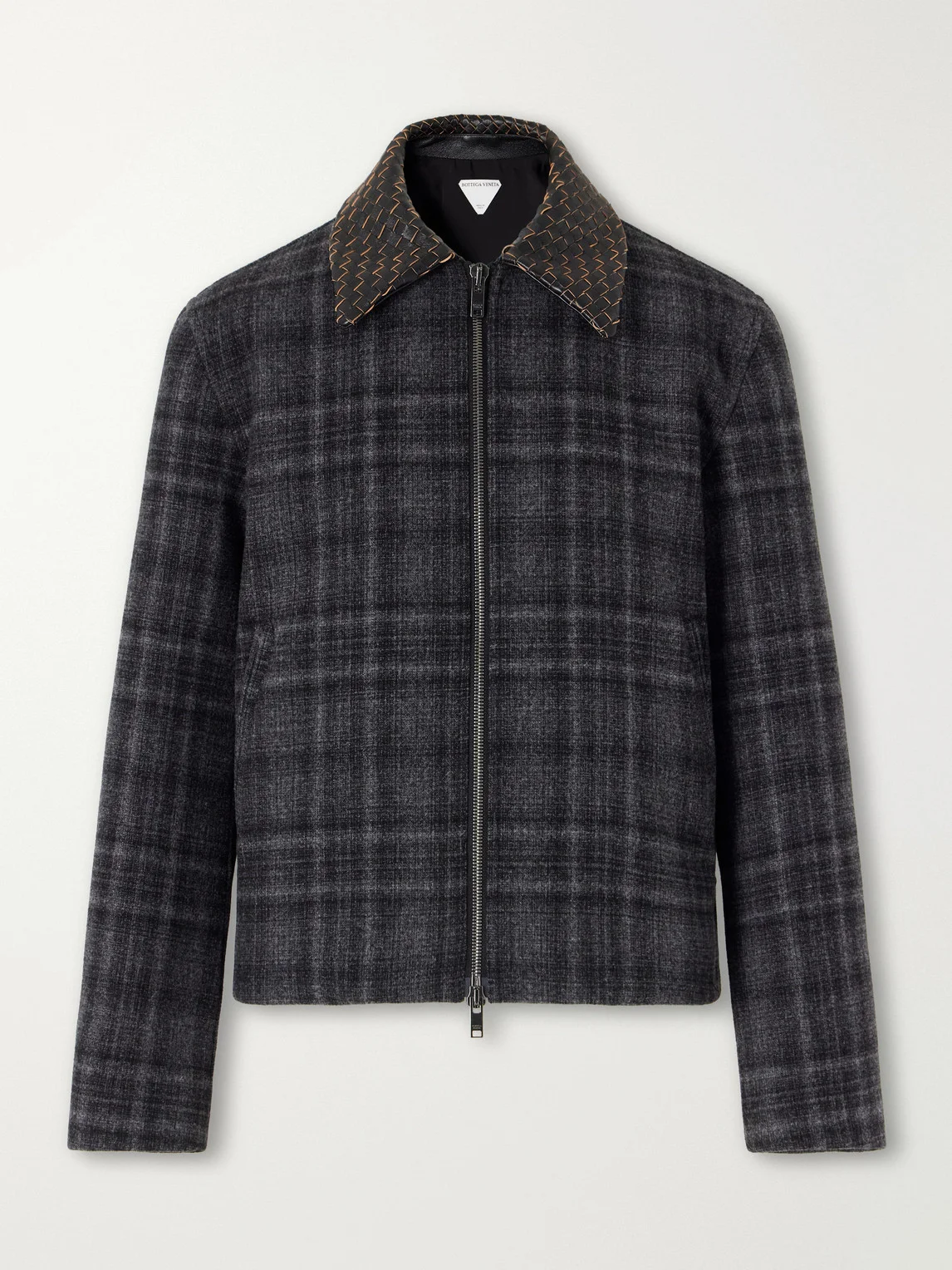 Intrecciato Leather-Trimmed Checked Brushed Wool-Blend Blouson Jacket - 1