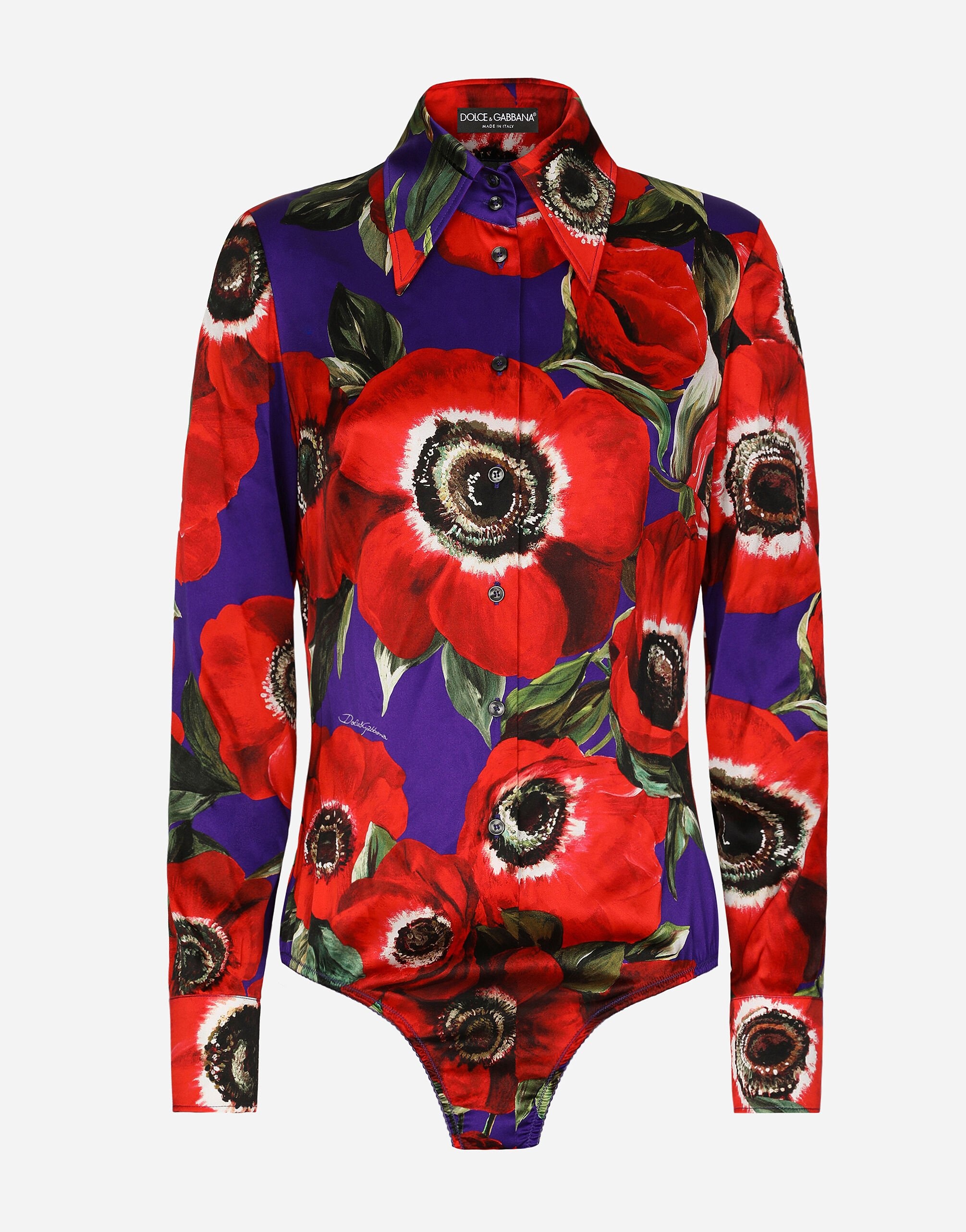 Satin shirt bodysuit with anemone print - 1