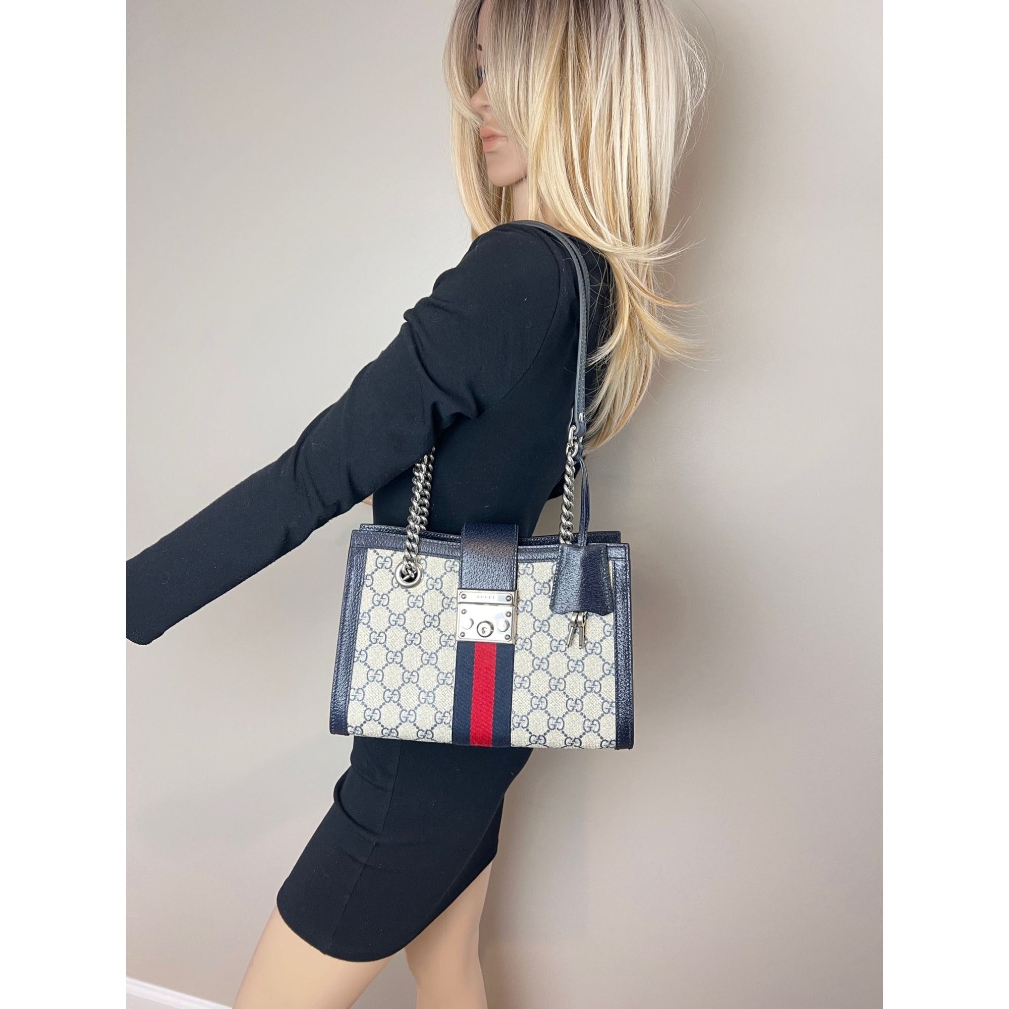 Gucci GG Supreme Dollar Calfskin Web Small Padlock Navy Tote - 7