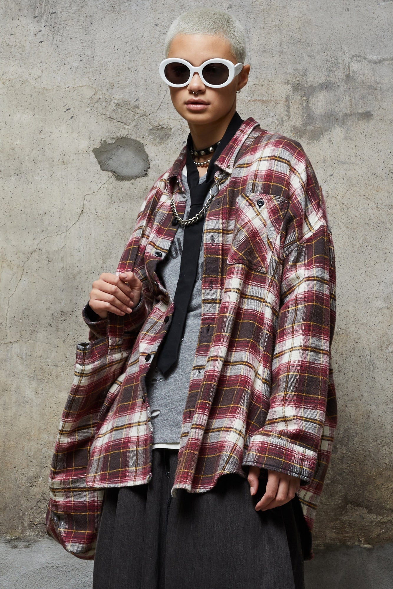DROP NECK WORKSHIRT - ECRU/MAROON PLAID - 3