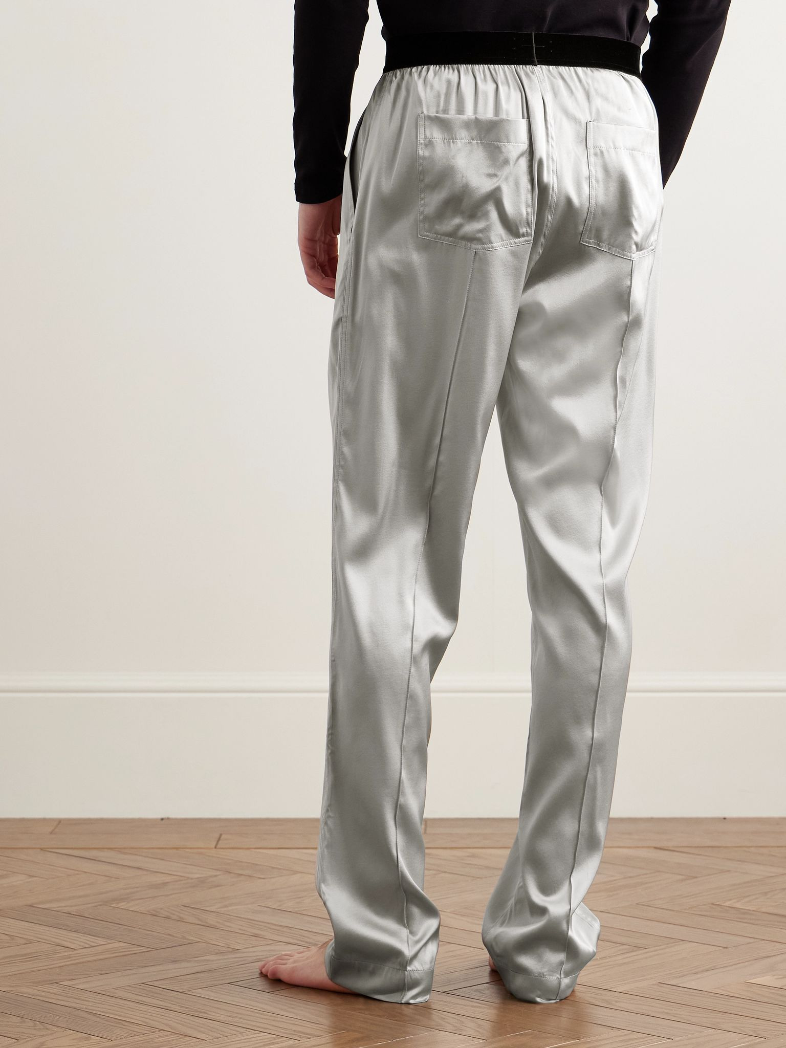 Velvet-Trimmed Stretch-Silk Satin Pyjama Trousers Gray - 4