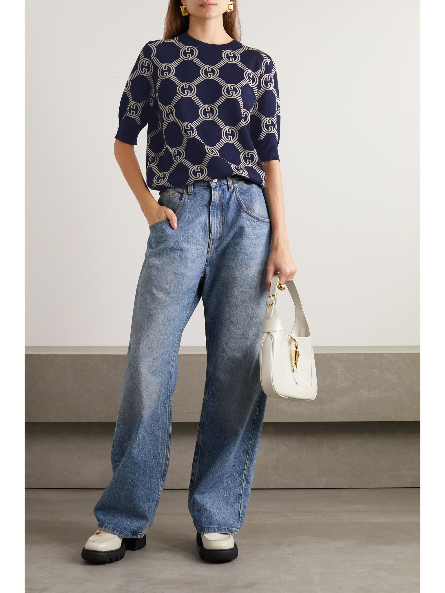 Logo-jacquard stretch wool-blend sweater Blue - 2