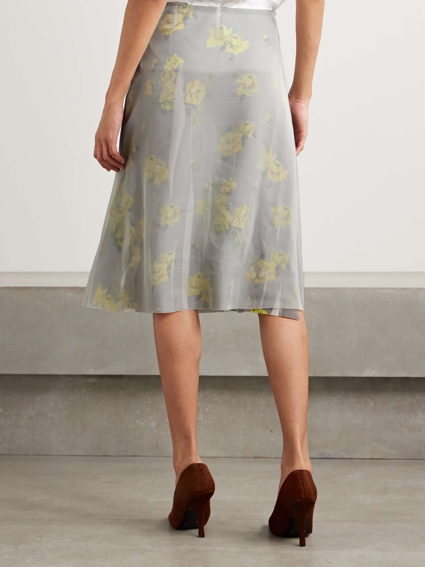Layered distressed chiffon and floral-print crepe skirt Gray - 4