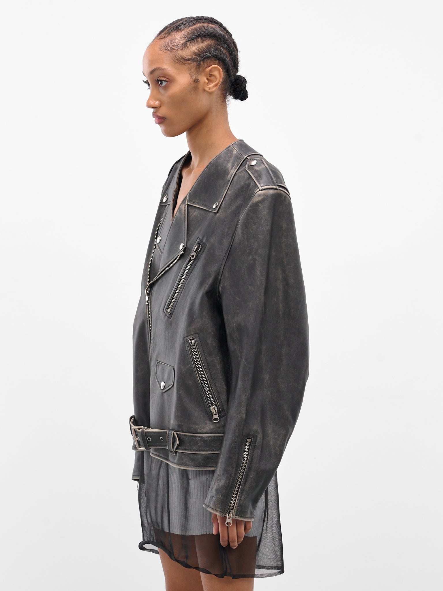 Black Worn Leather Biker Jacket - 2