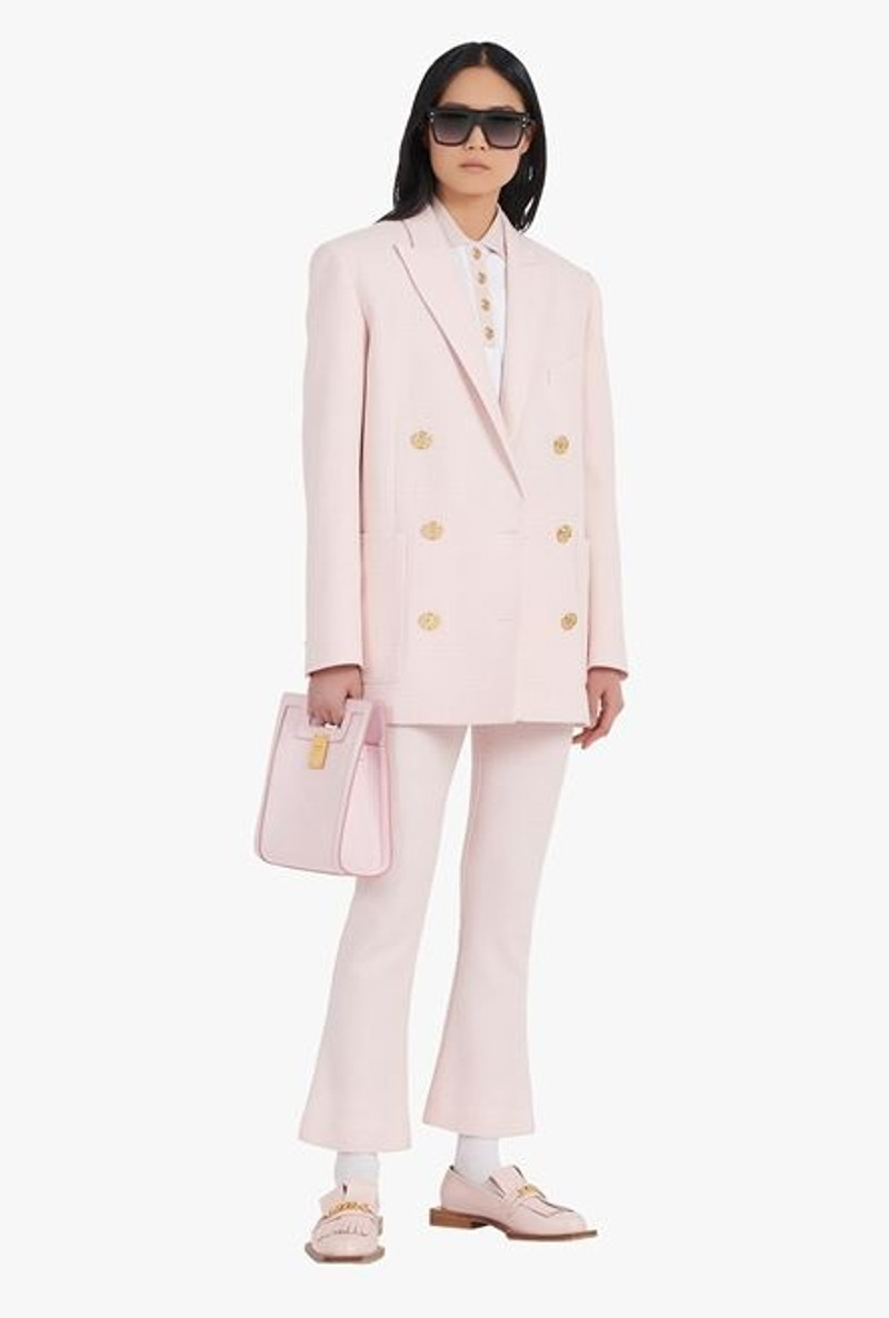 Balmain White and pale pink checkered flared pants outlook